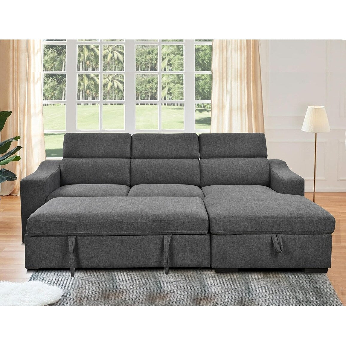 Canapé d'angle convertible Roomfitters 103 avec méridienne de rangement, appuie-têtes réglables, canapé-lit en L, gris foncé