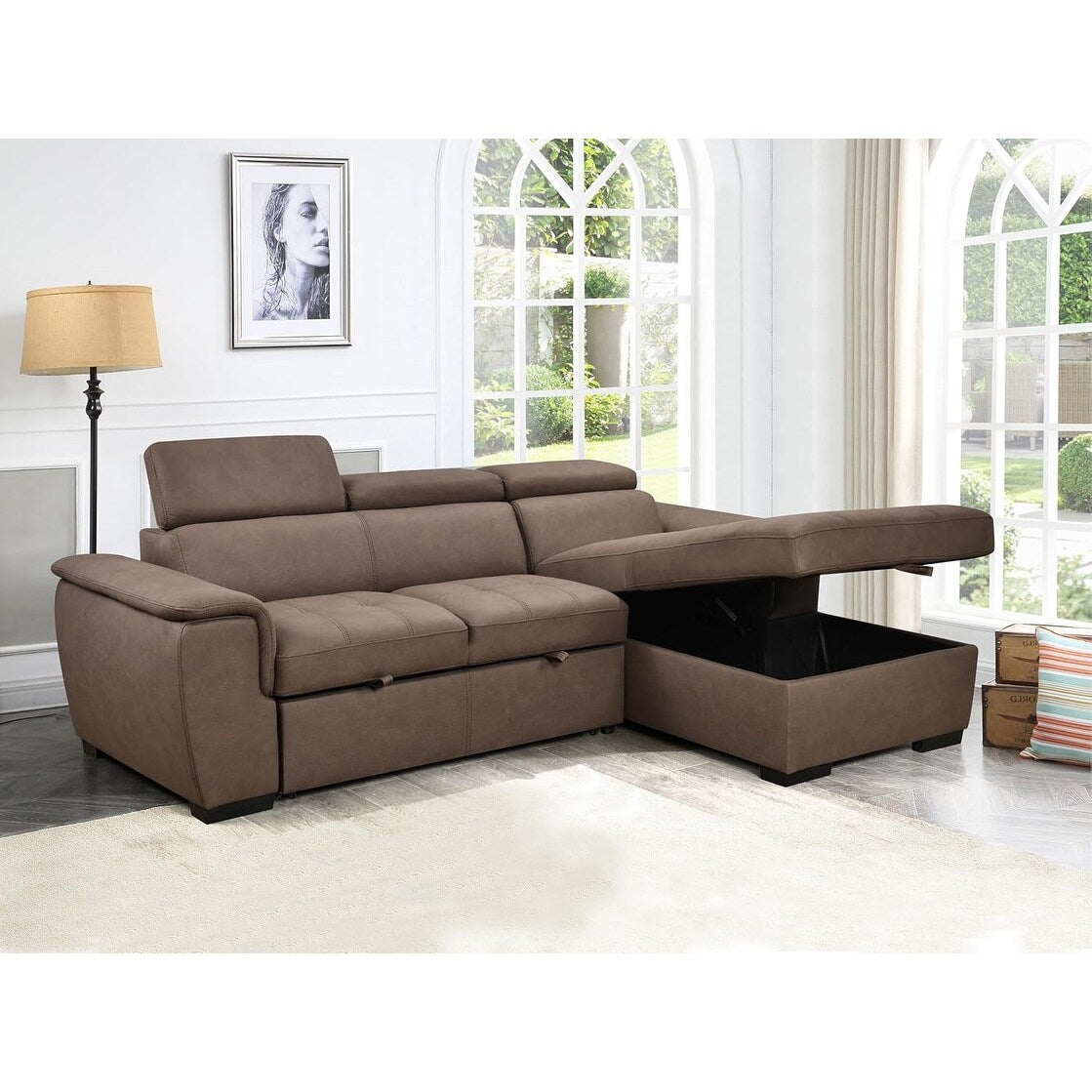Canapé sectionnel convertible Roomfitters 97 avec méridienne de rangement, appuis-tête réglables, canapé-lit contemporain en L