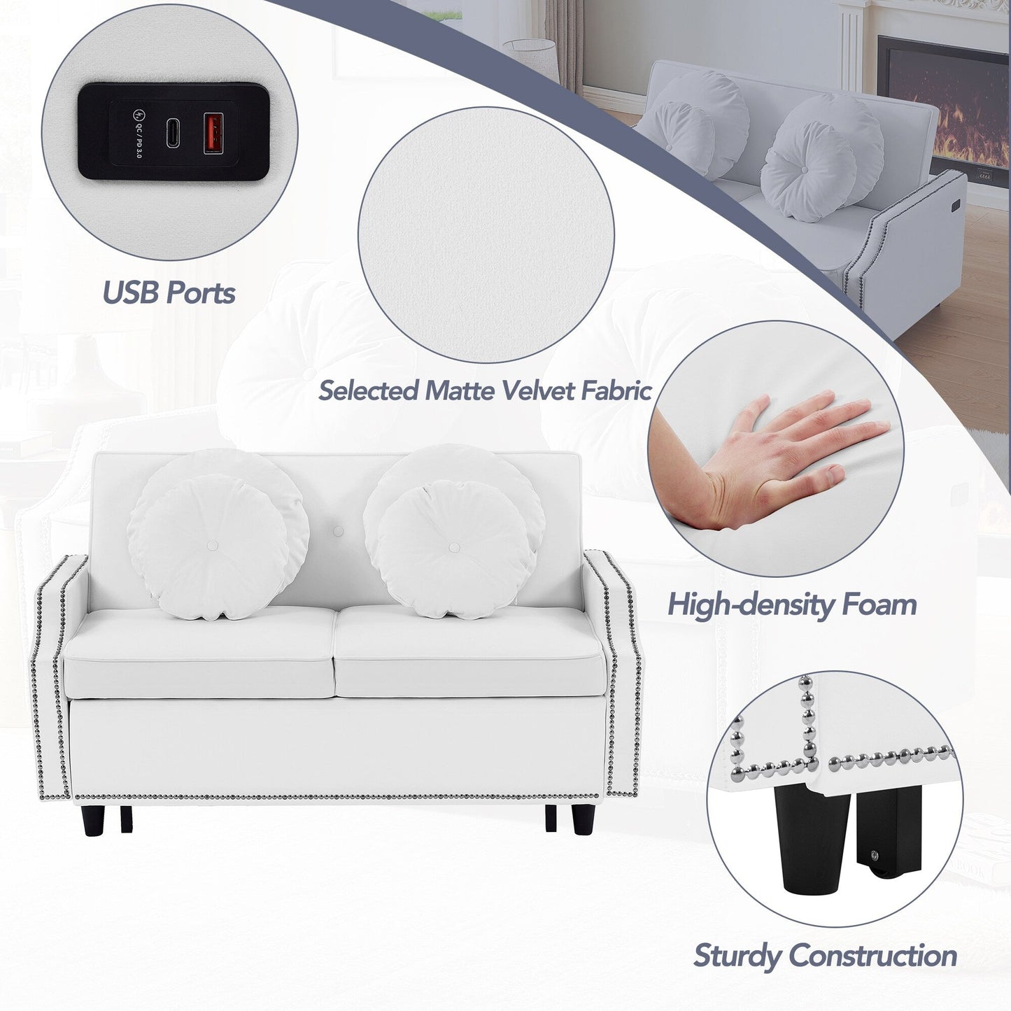 Canapé-lit réglable Roomfitters avec dossier capitonné, ports USB et coussins lombaires floraux, idéal pour le salon