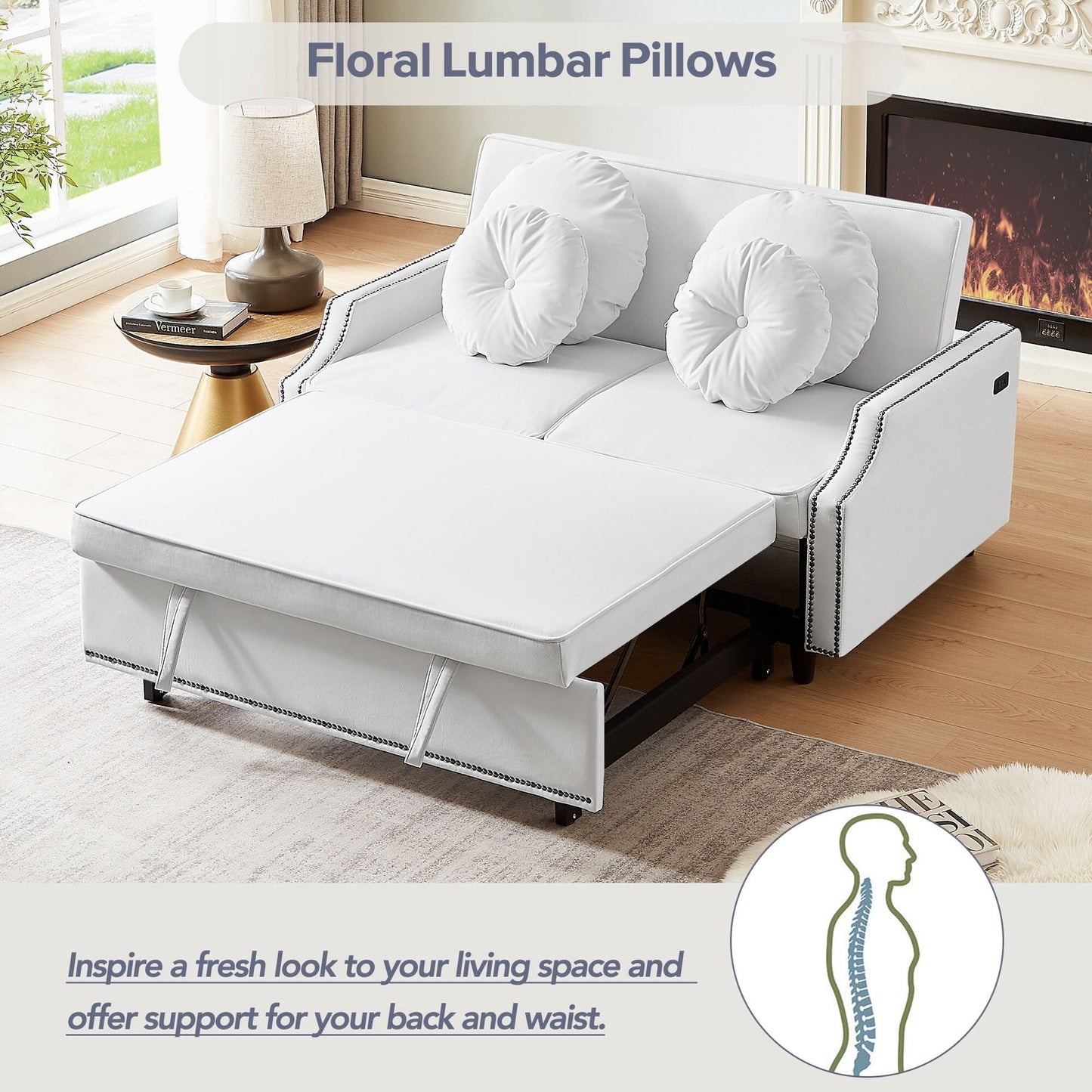Canapé-lit réglable Roomfitters avec dossier capitonné, ports USB et coussins lombaires floraux, idéal pour le salon