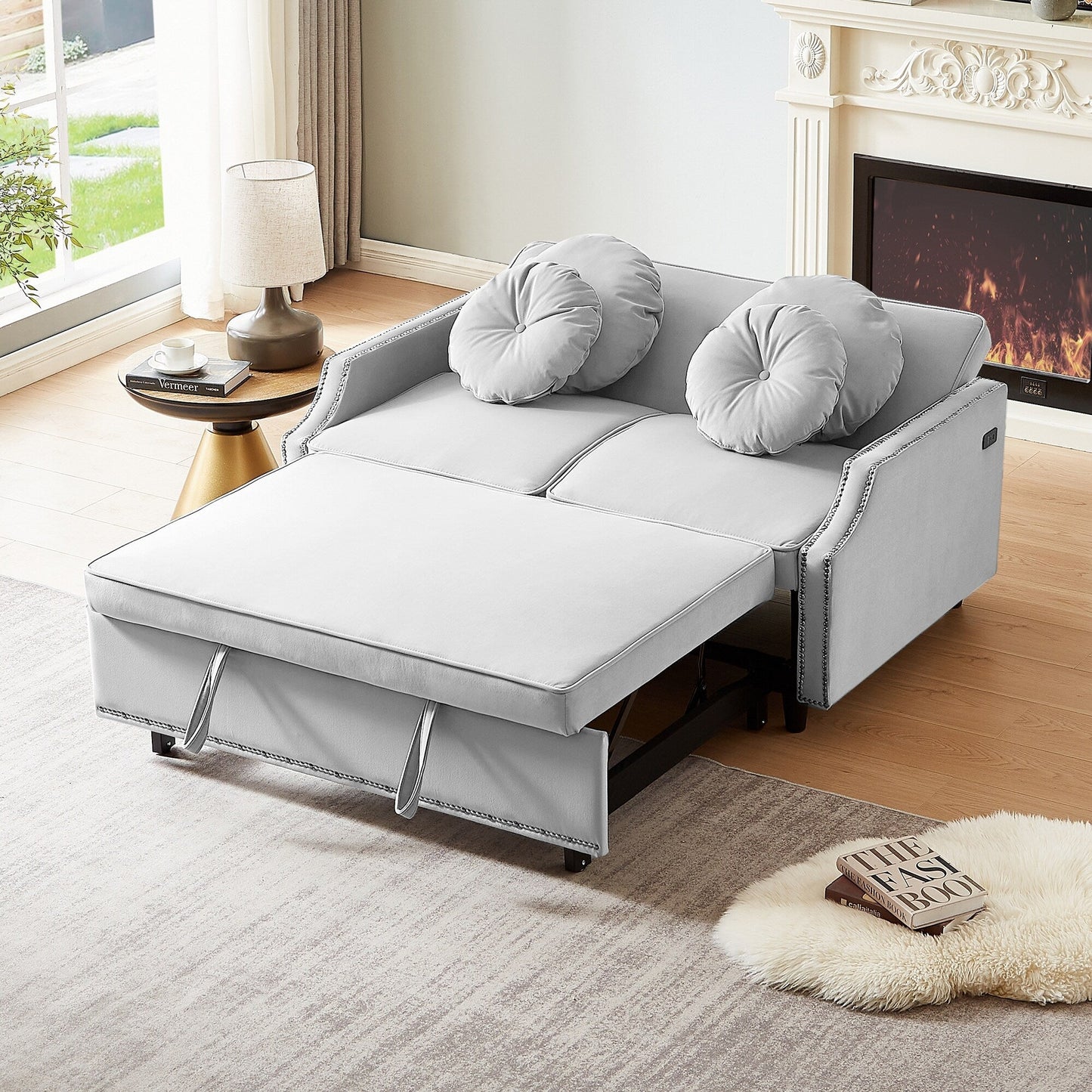 Canapé-lit réglable Roomfitters avec dossier capitonné, ports USB et coussins lombaires floraux, idéal pour le salon
