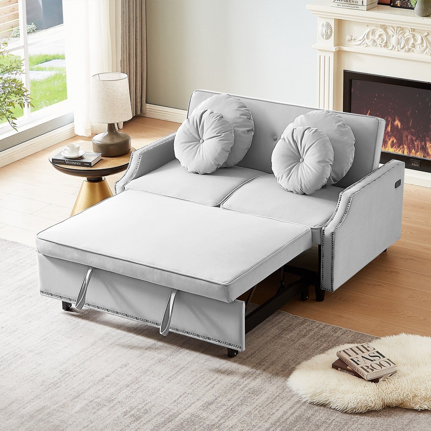 Canapé-lit réglable Roomfitters avec dossier capitonné, ports USB et coussins lombaires floraux, idéal pour le salon
