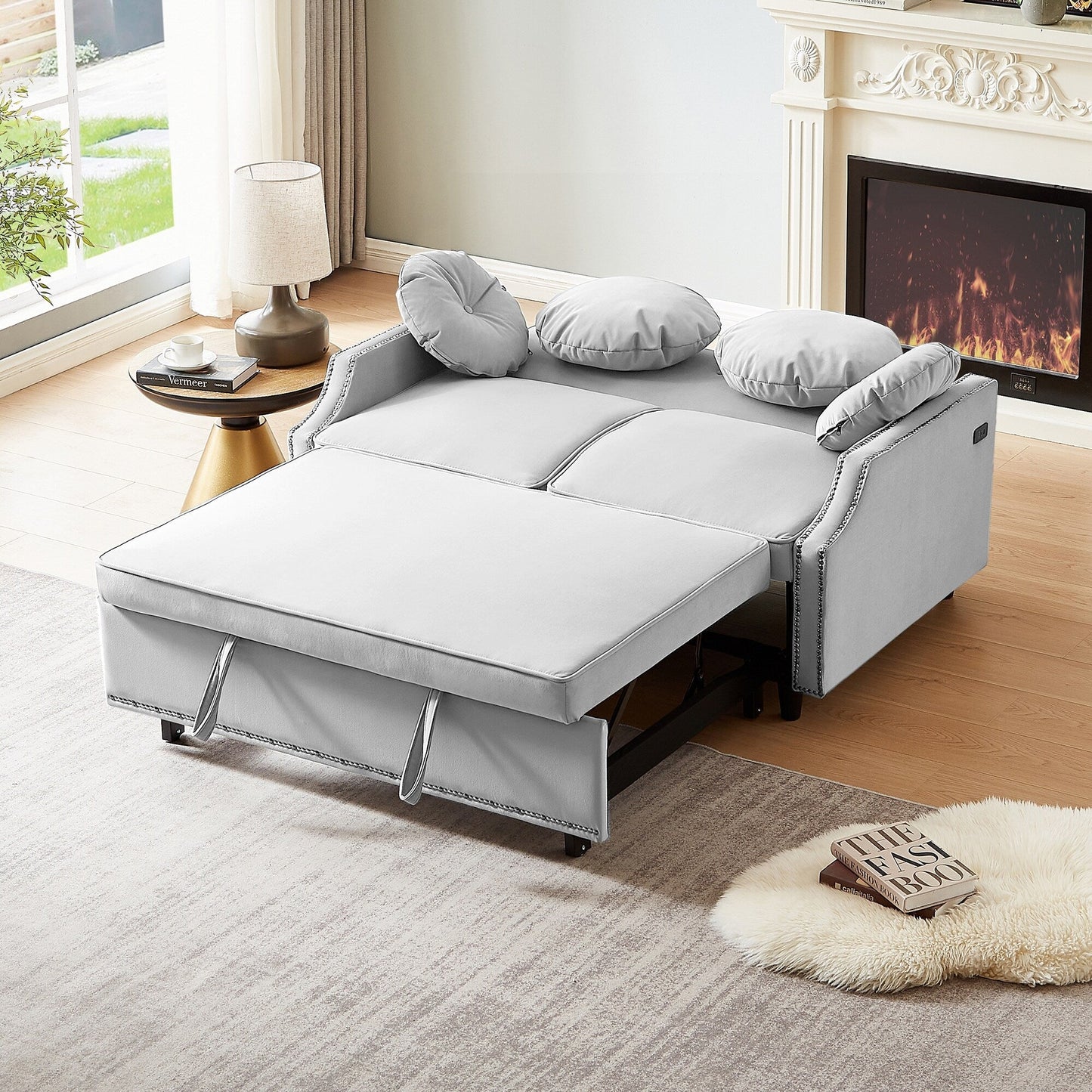 Canapé-lit réglable Roomfitters avec dossier capitonné, ports USB et coussins lombaires floraux, idéal pour le salon