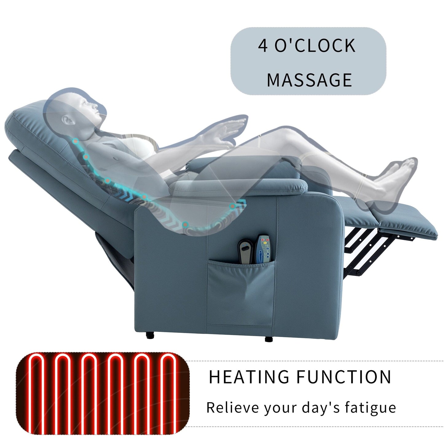 Fauteuil inclinable massant Roomfitters, fauteuil releveur électrique avec poche latérale, massage réglable et fonction chauffante