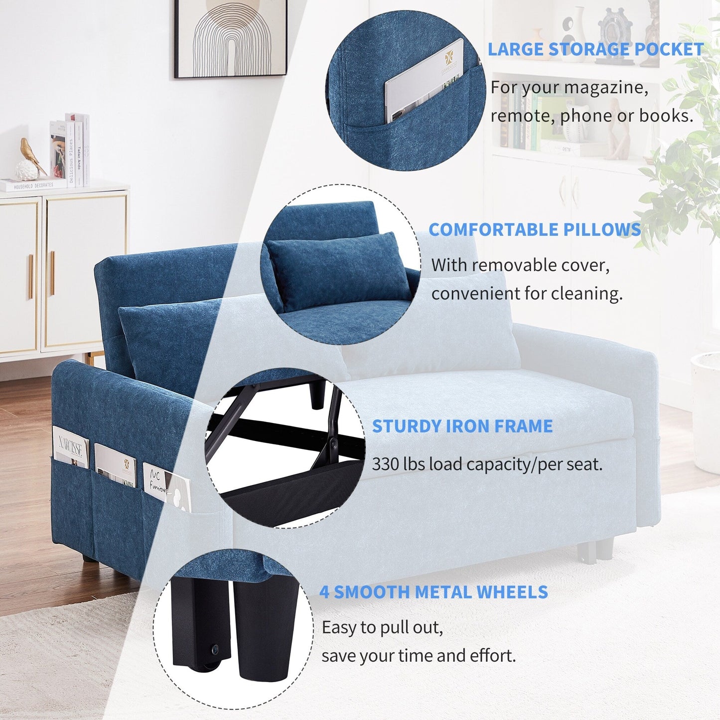 Canapé-lit gigogne Roomfitters avec dossier réglable, poches de rangement, ports USB et oreillers moelleux