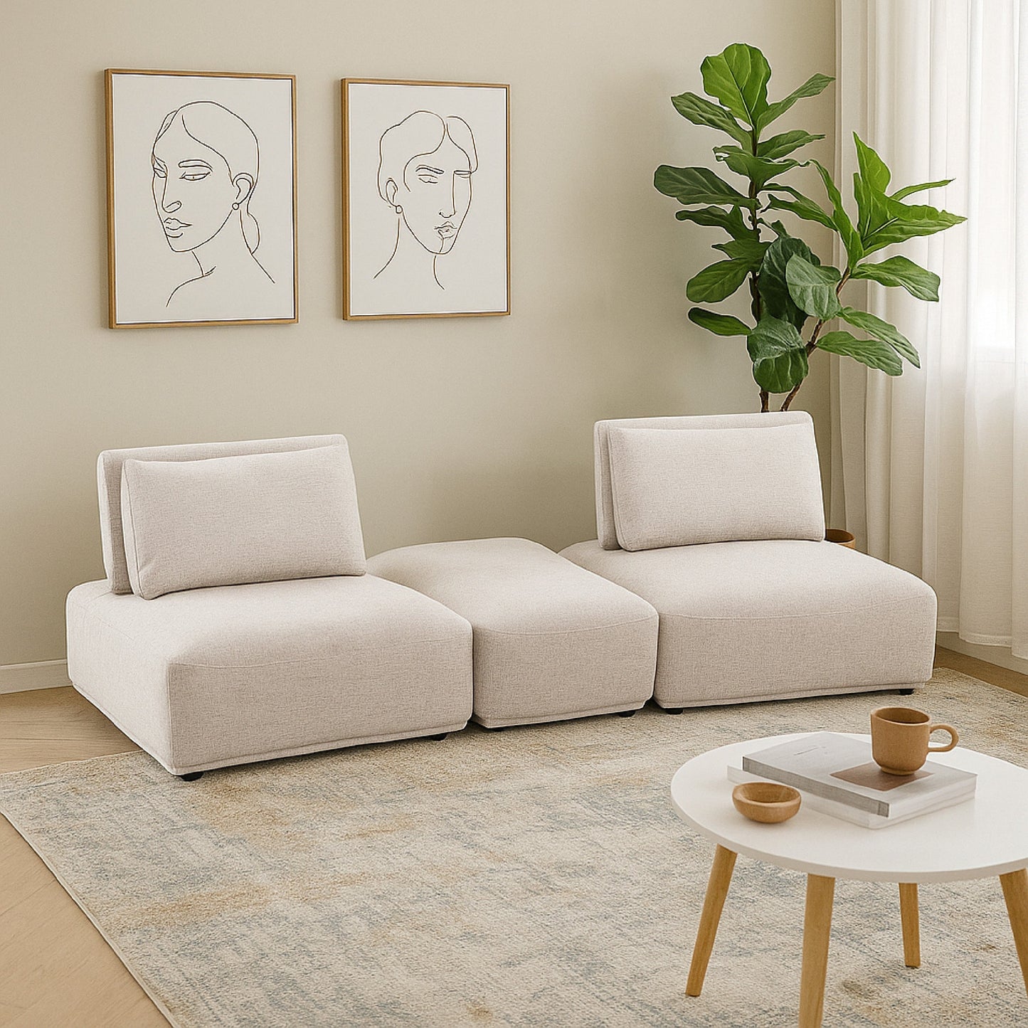 Canapé modulable incurvé 2 places Stavan, marron clair, profondeur d'assise réglable