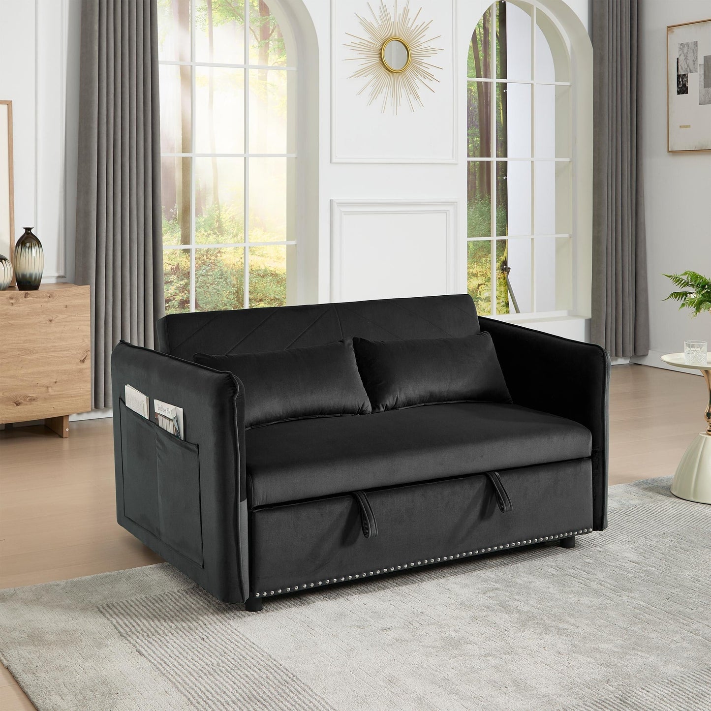 Canapé-lit futon 3 en 1 en velours avec 2 oreillers et poches inclinables