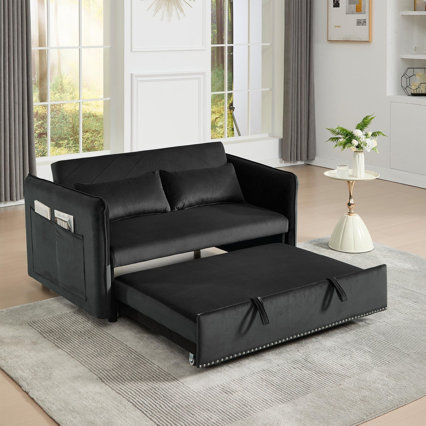 Canapé-lit futon 3 en 1 en velours avec 2 oreillers et poches inclinables