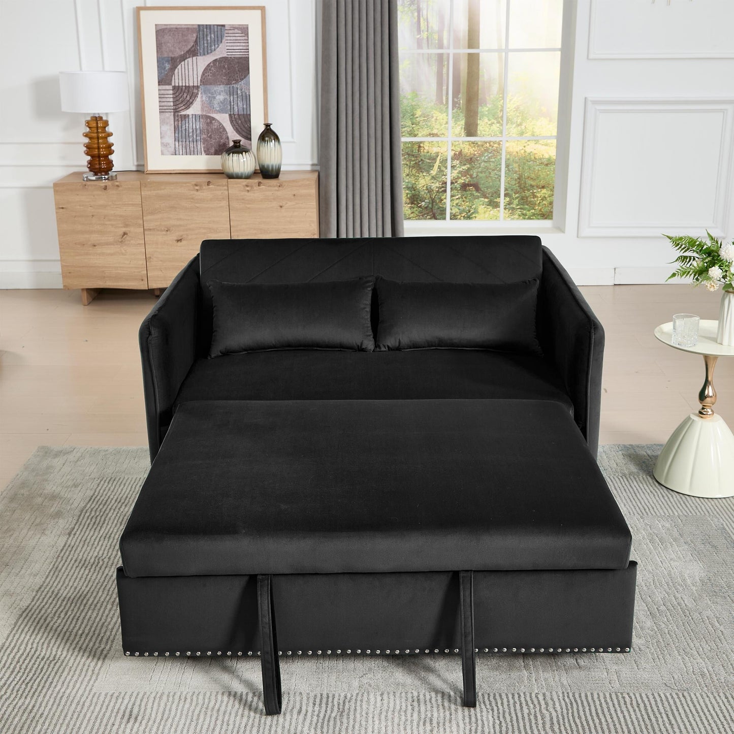 Canapé-lit futon 3 en 1 en velours avec 2 oreillers et poches inclinables