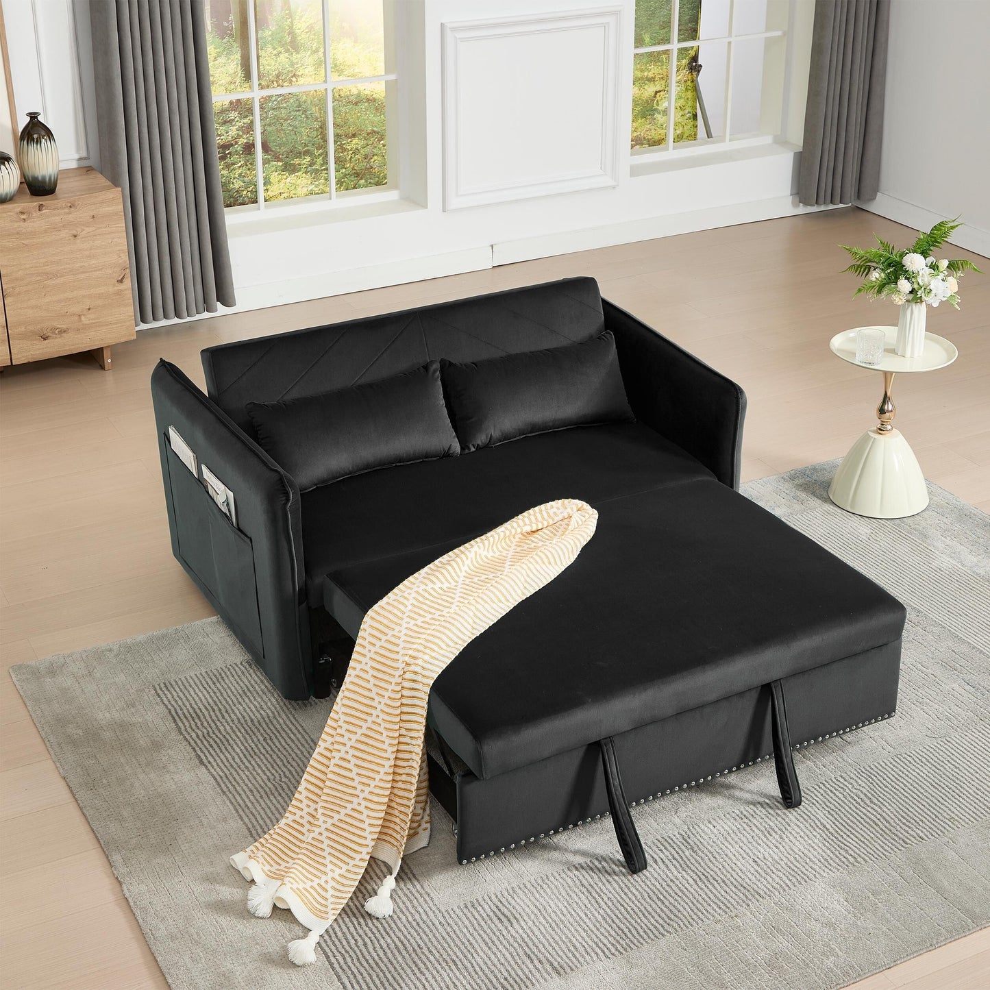 Canapé-lit futon 3 en 1 en velours avec 2 oreillers et poches inclinables
