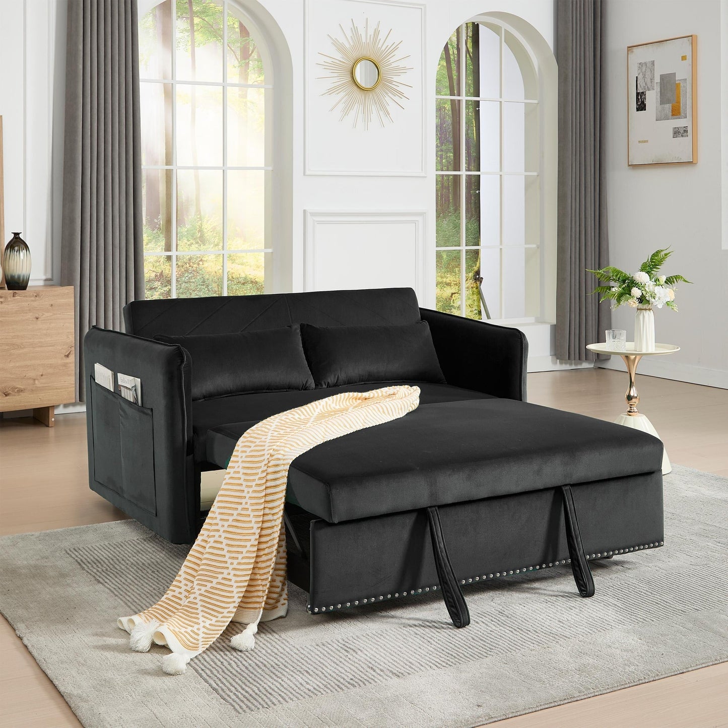 Canapé-lit futon 3 en 1 en velours avec 2 oreillers et poches inclinables