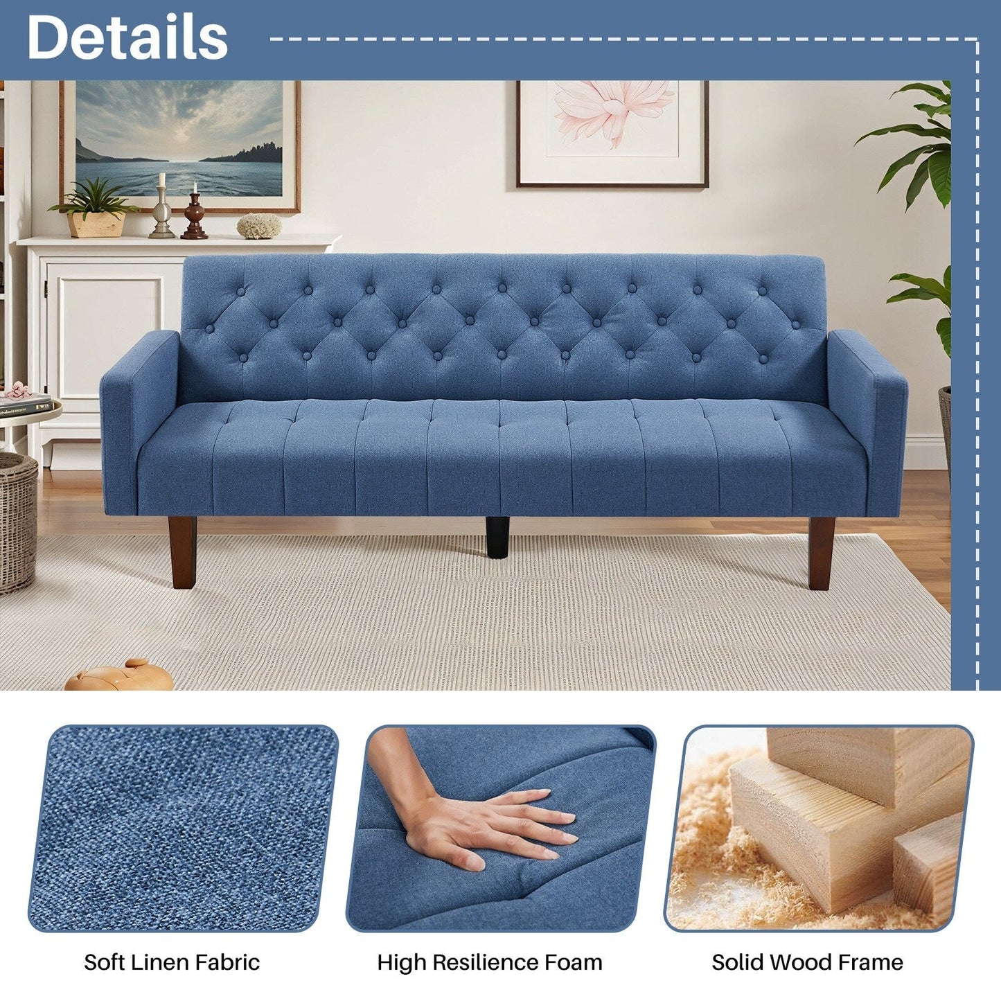Canapé-lit futon convertible en lin pour une personne de 74,41 po avec dossier réglable – 74,41 x 32,68 x 28,94 po
