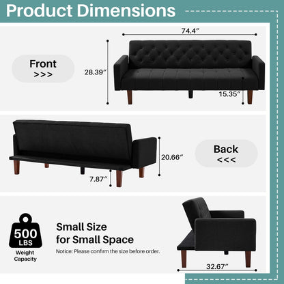 Canapé-lit futon convertible en lin pour une personne de 74,41 po avec dossier réglable – 74,41 x 32,68 x 28,94 po
