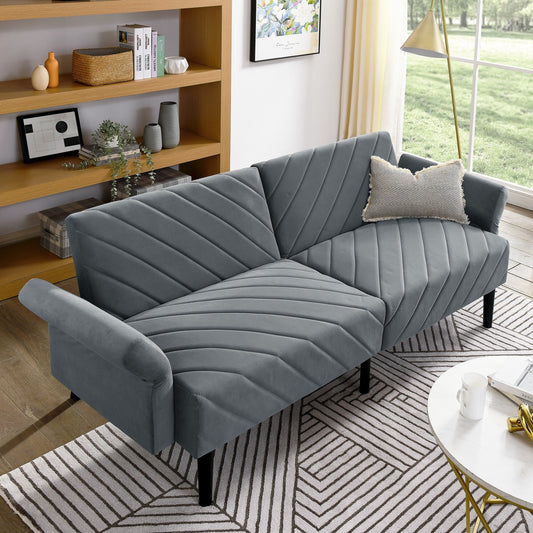 Canapé-lit futon convertible capitonné en velours gris 87 avec accoudoirs réglables pour le salon