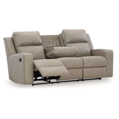 Canapé inclinable manuel Livie, USB, table, 221 cm, similicuir beige gris