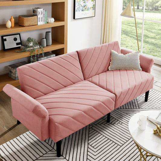 Canapé-lit futon convertible capitonné en velours rose 87 avec accoudoirs réglables pour le salon