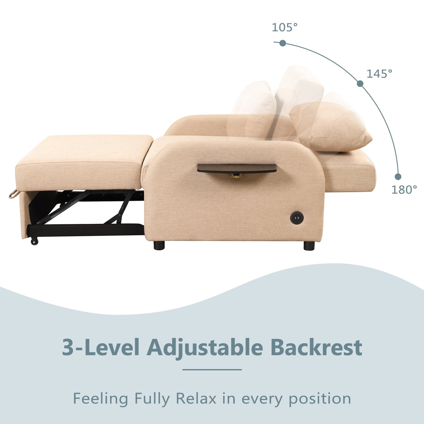 Canapé-lit gigogne 3-en-1 Roomfitters avec tables à oreilles, chargement USB et tissu adapté à la sieste pour le salon