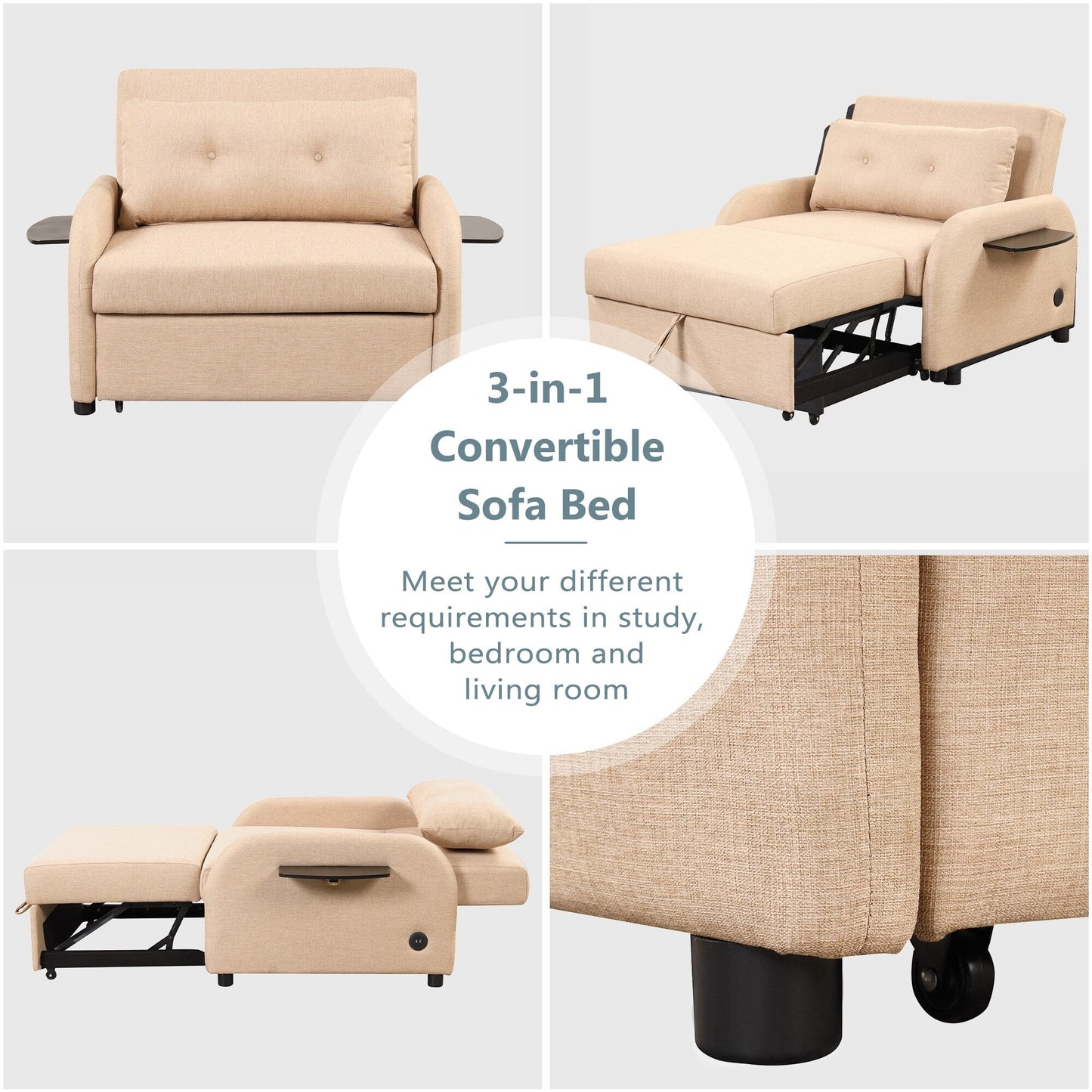 Canapé-lit gigogne 3-en-1 Roomfitters avec tables à oreilles, chargement USB et tissu adapté à la sieste pour le salon