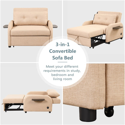 Canapé-lit gigogne 3-en-1 Roomfitters avec tables à oreilles, chargement USB et tissu adapté à la sieste pour le salon