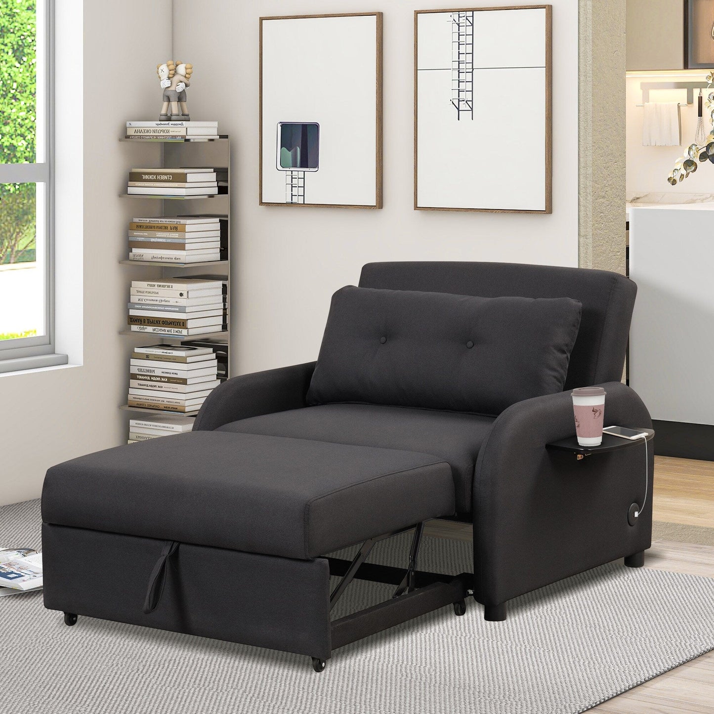 Canapé-lit gigogne 3-en-1 Roomfitters avec tables à oreilles, chargement USB et tissu adapté à la sieste pour le salon