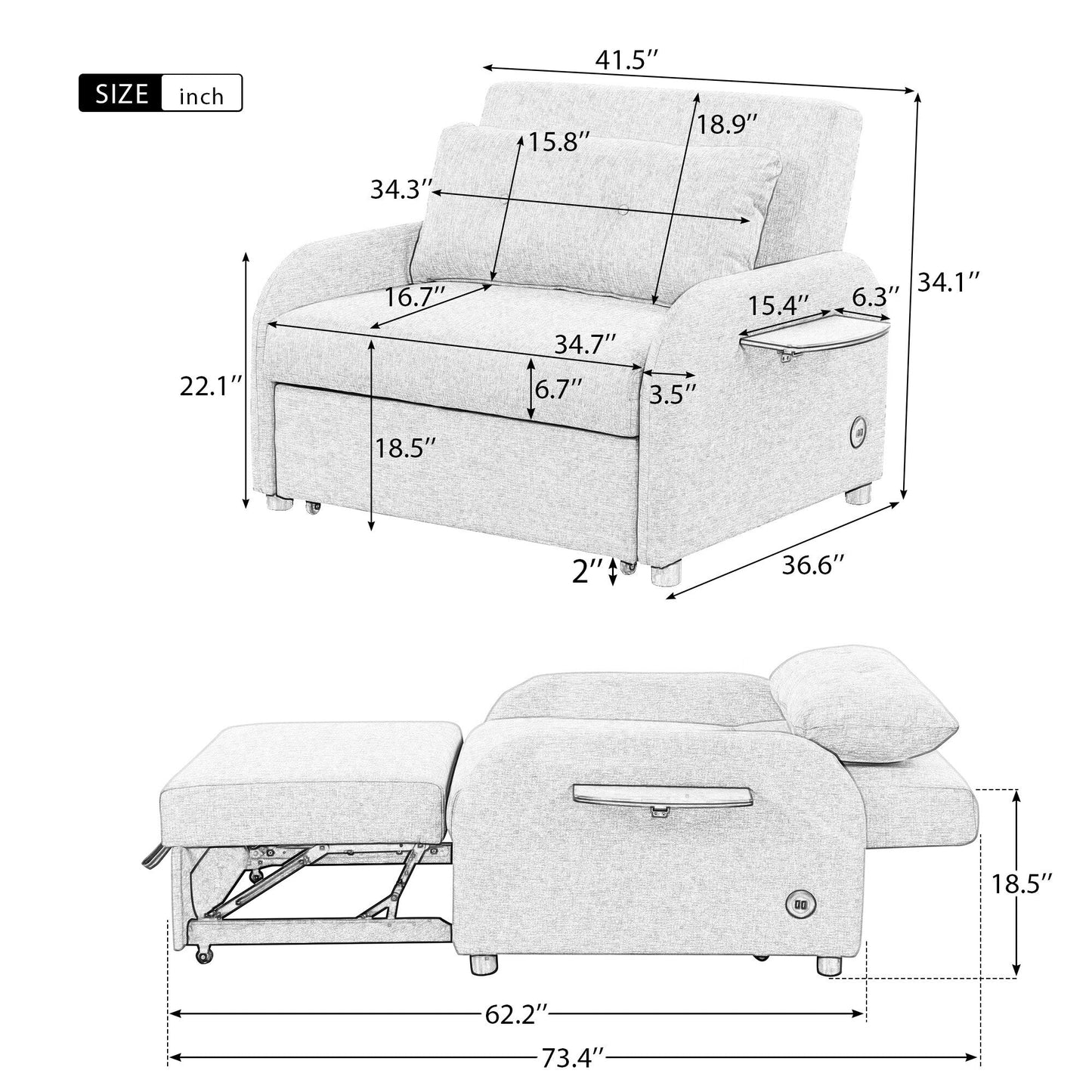 Canapé-lit gigogne 3-en-1 Roomfitters avec tables à oreilles, chargement USB et tissu adapté à la sieste pour le salon