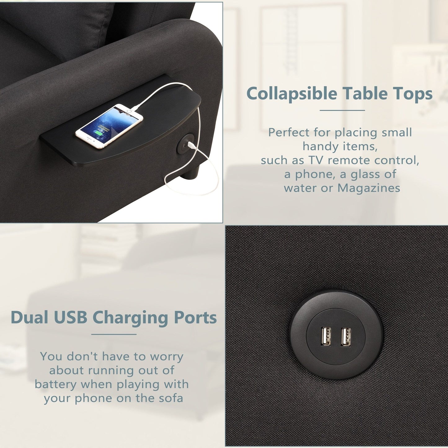 Canapé-lit gigogne 3-en-1 Roomfitters avec tables à oreilles, chargement USB et tissu adapté à la sieste pour le salon