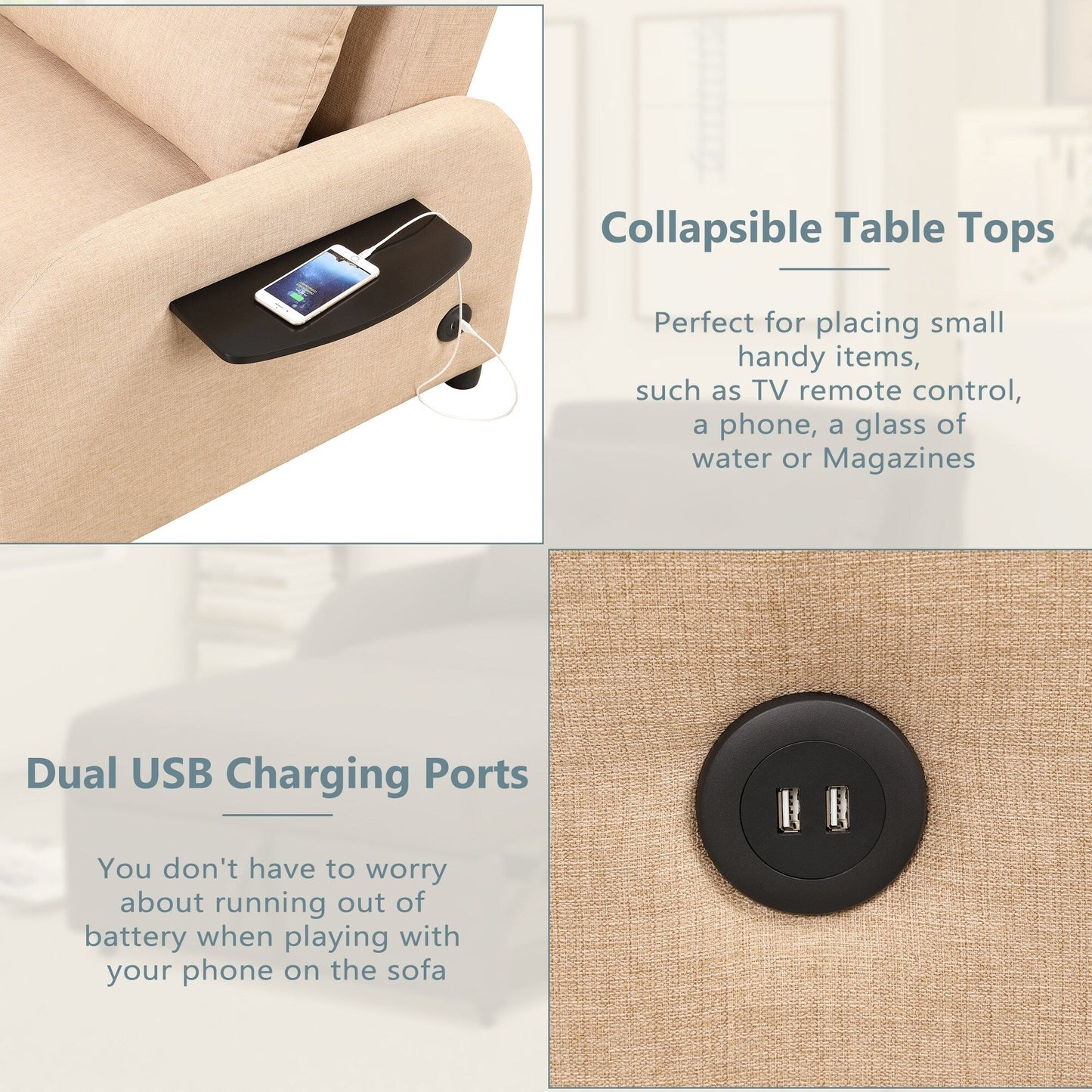 Canapé-lit gigogne 3-en-1 Roomfitters avec tables à oreilles, chargement USB et tissu adapté à la sieste pour le salon