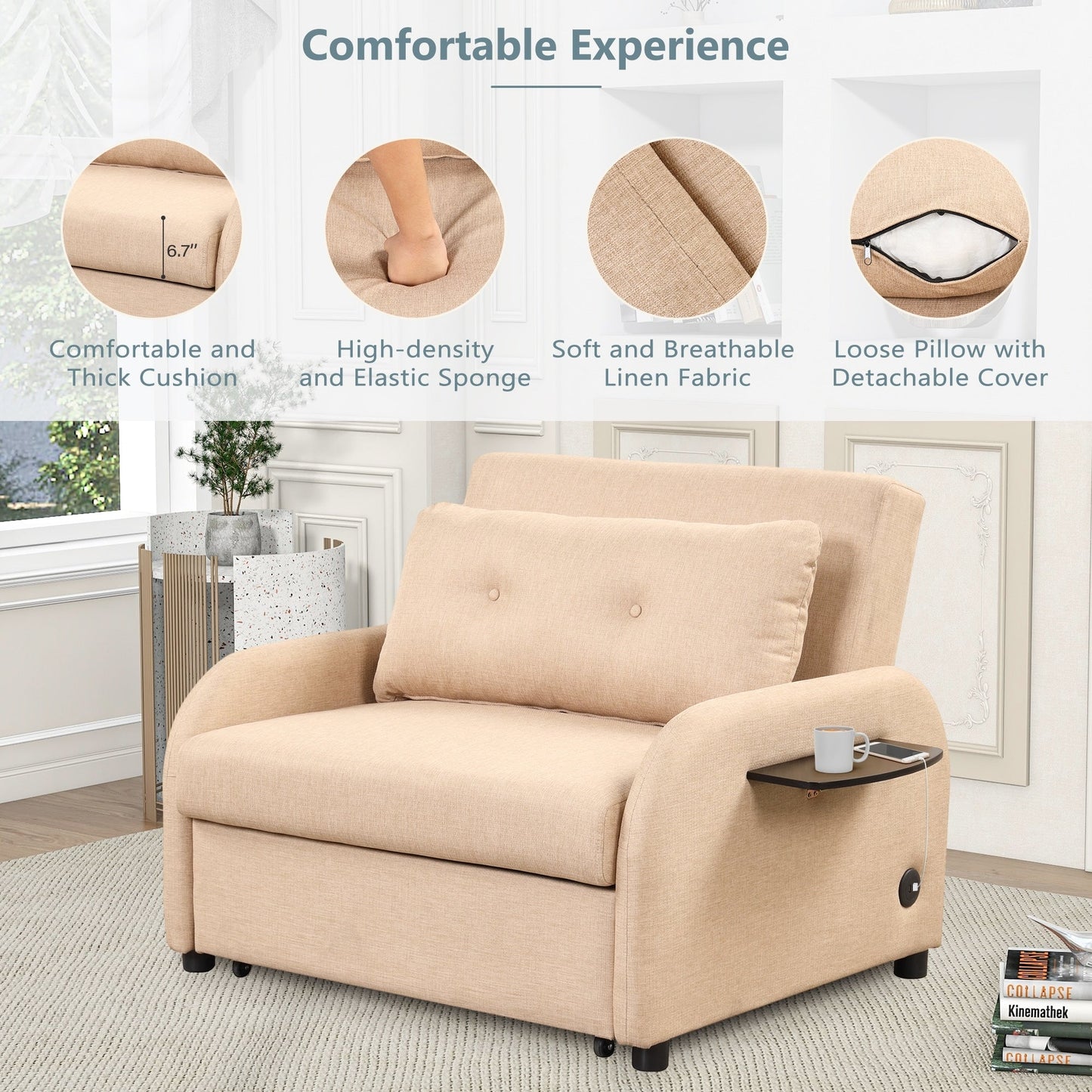 Canapé-lit gigogne 3-en-1 Roomfitters avec tables à oreilles, chargement USB et tissu adapté à la sieste pour le salon
