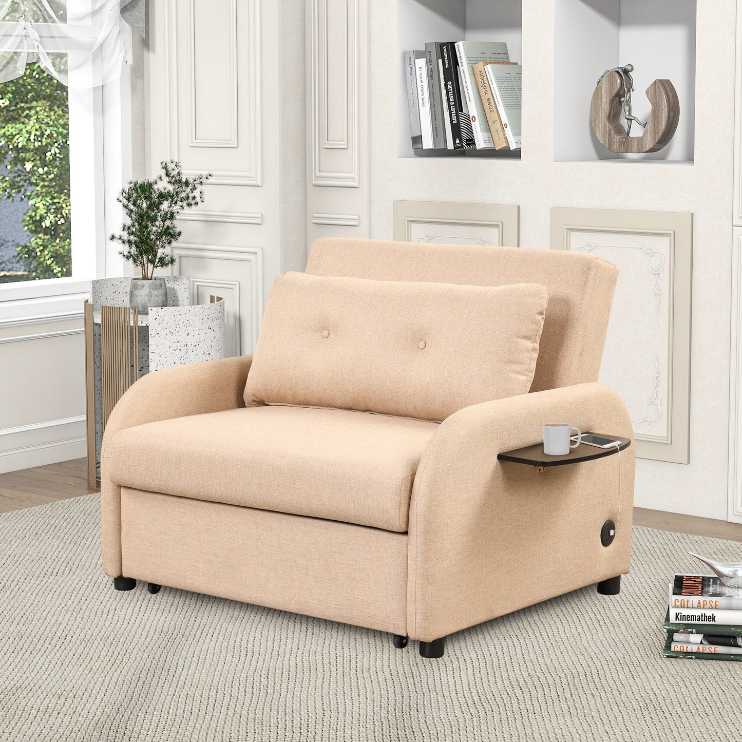 Canapé-lit gigogne 3-en-1 Roomfitters avec tables à oreilles, chargement USB et tissu adapté à la sieste pour le salon