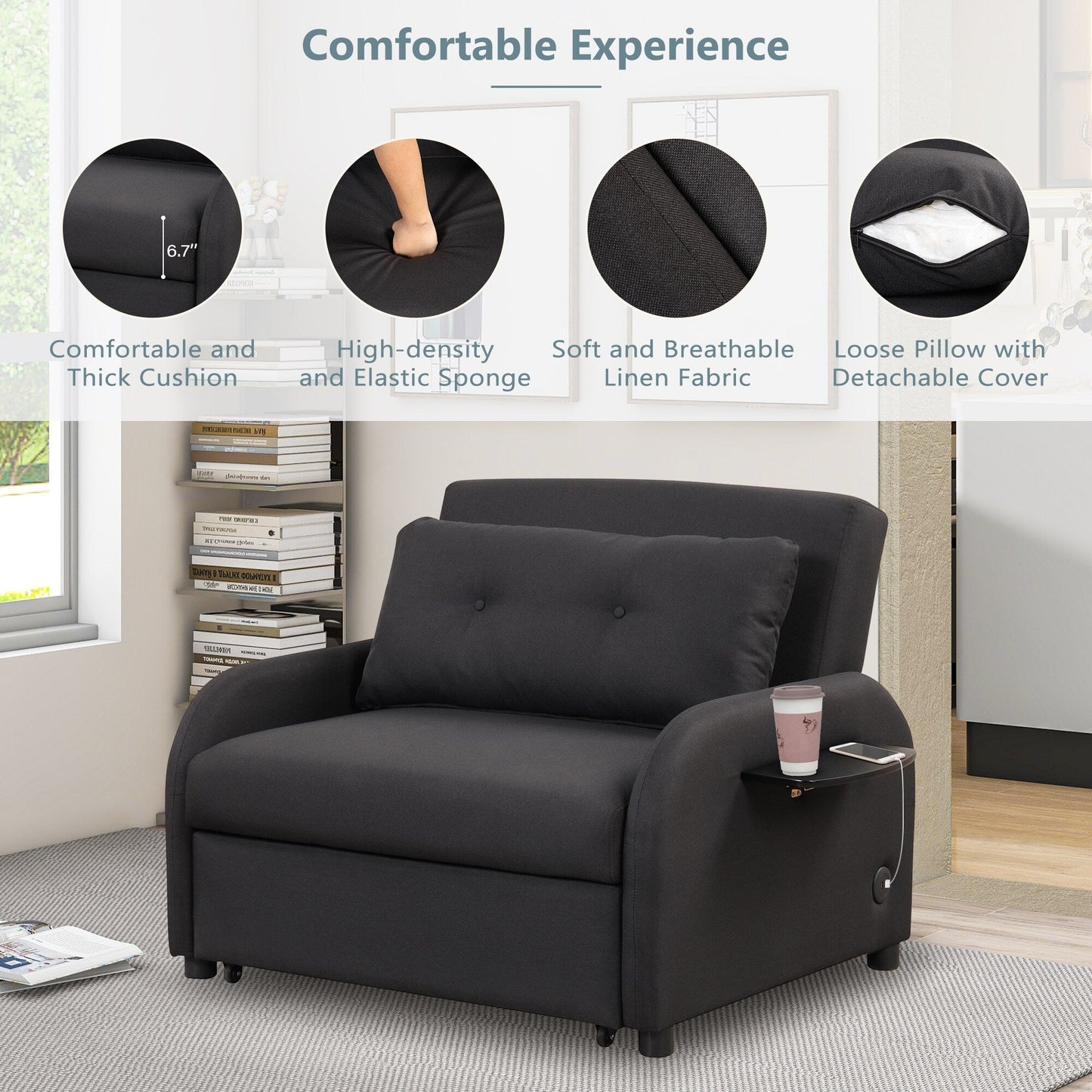 Canapé-lit gigogne 3-en-1 Roomfitters avec tables à oreilles, chargement USB et tissu adapté à la sieste pour le salon