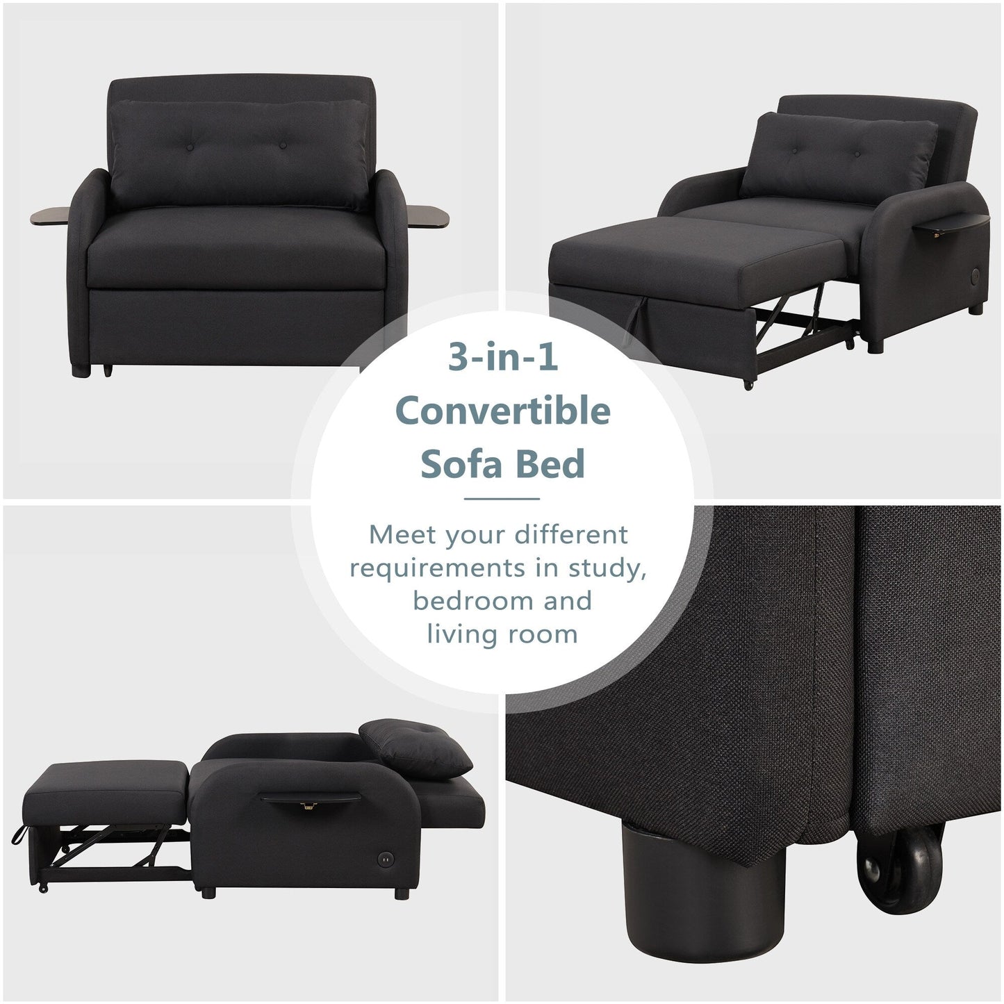 Canapé-lit gigogne 3-en-1 Roomfitters avec tables à oreilles, chargement USB et tissu adapté à la sieste pour le salon