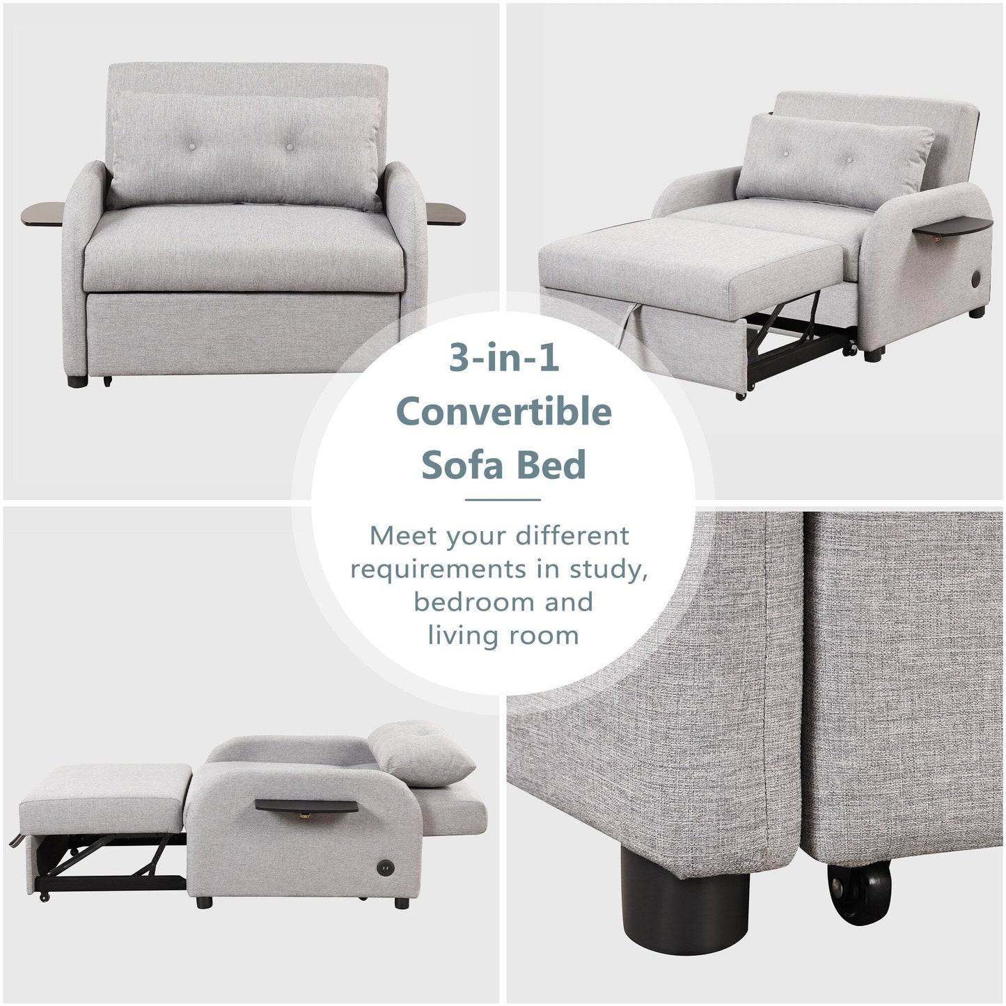 Canapé-lit gigogne 3-en-1 Roomfitters avec tables à oreilles, chargement USB et tissu adapté à la sieste pour le salon