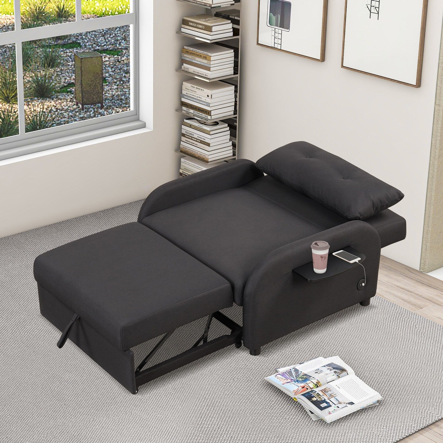 Canapé-lit gigogne 3-en-1 Roomfitters avec tables à oreilles, chargement USB et tissu adapté à la sieste pour le salon