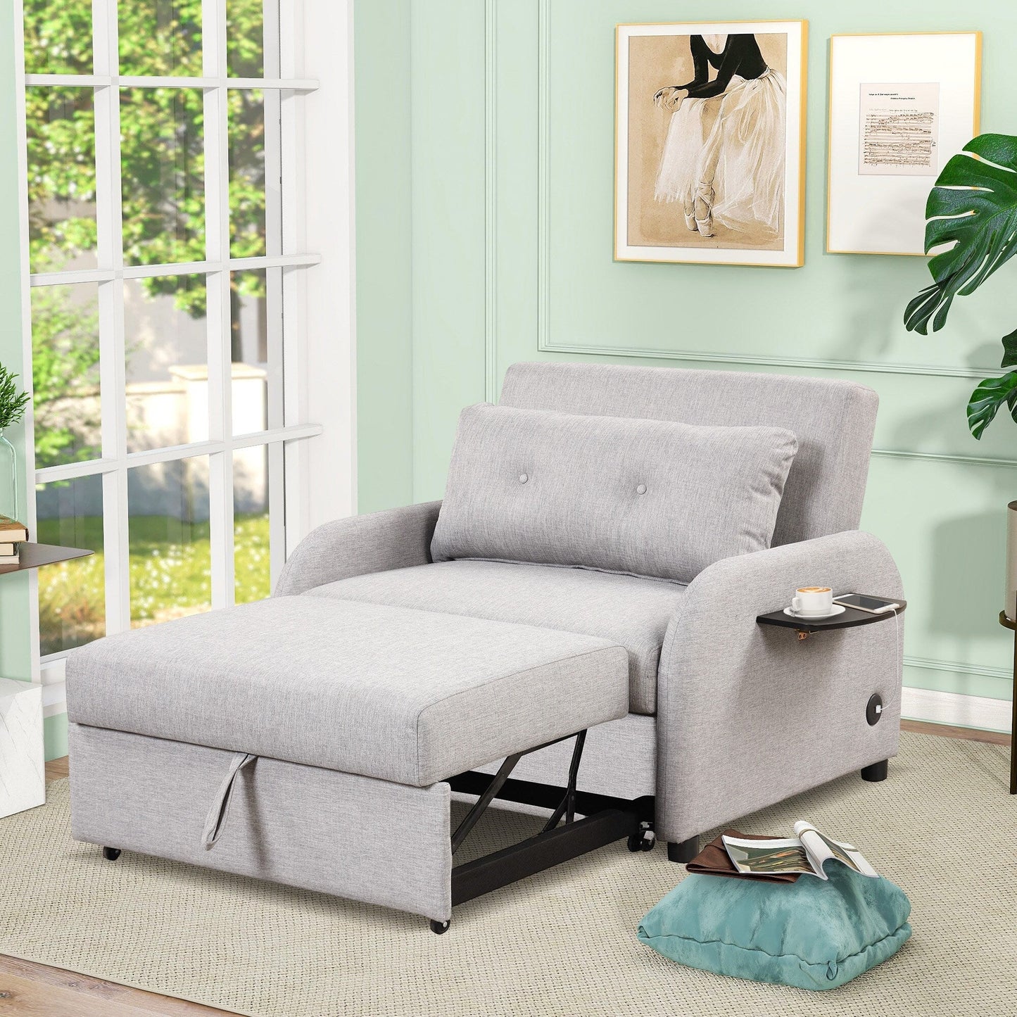 Canapé-lit gigogne 3-en-1 Roomfitters avec tables à oreilles, chargement USB et tissu adapté à la sieste pour le salon
