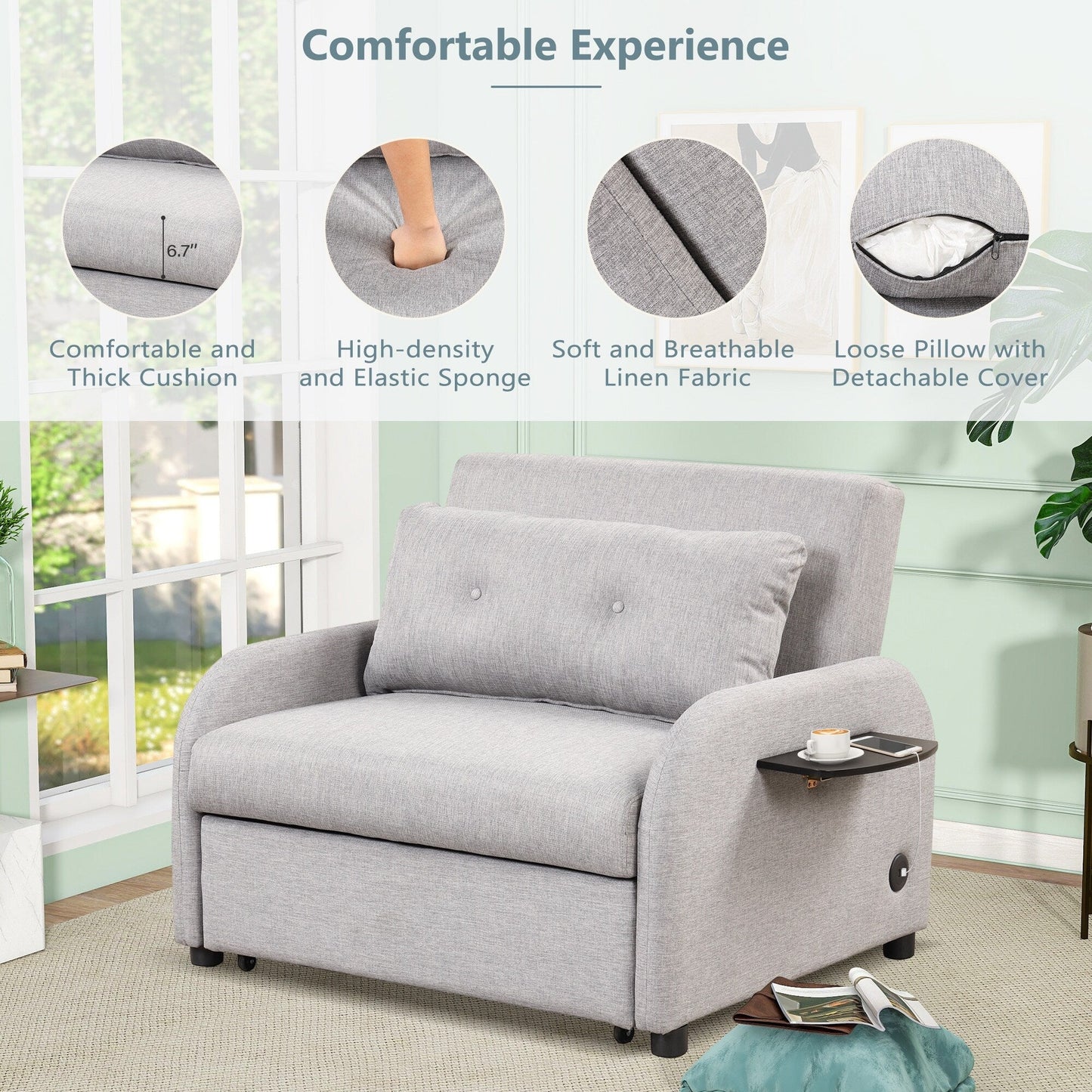 Canapé-lit gigogne 3-en-1 Roomfitters avec tables à oreilles, chargement USB et tissu adapté à la sieste pour le salon