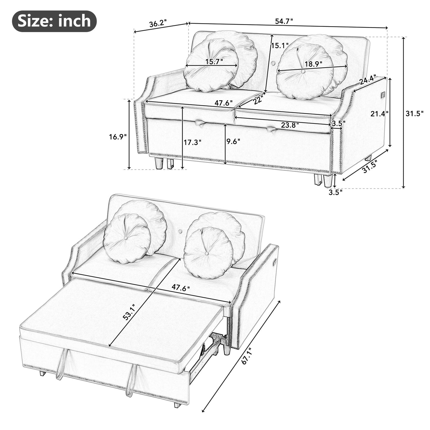 Canapé-lit réglable Roomfitters avec dossier capitonné, ports USB et coussins lombaires floraux, idéal pour le salon