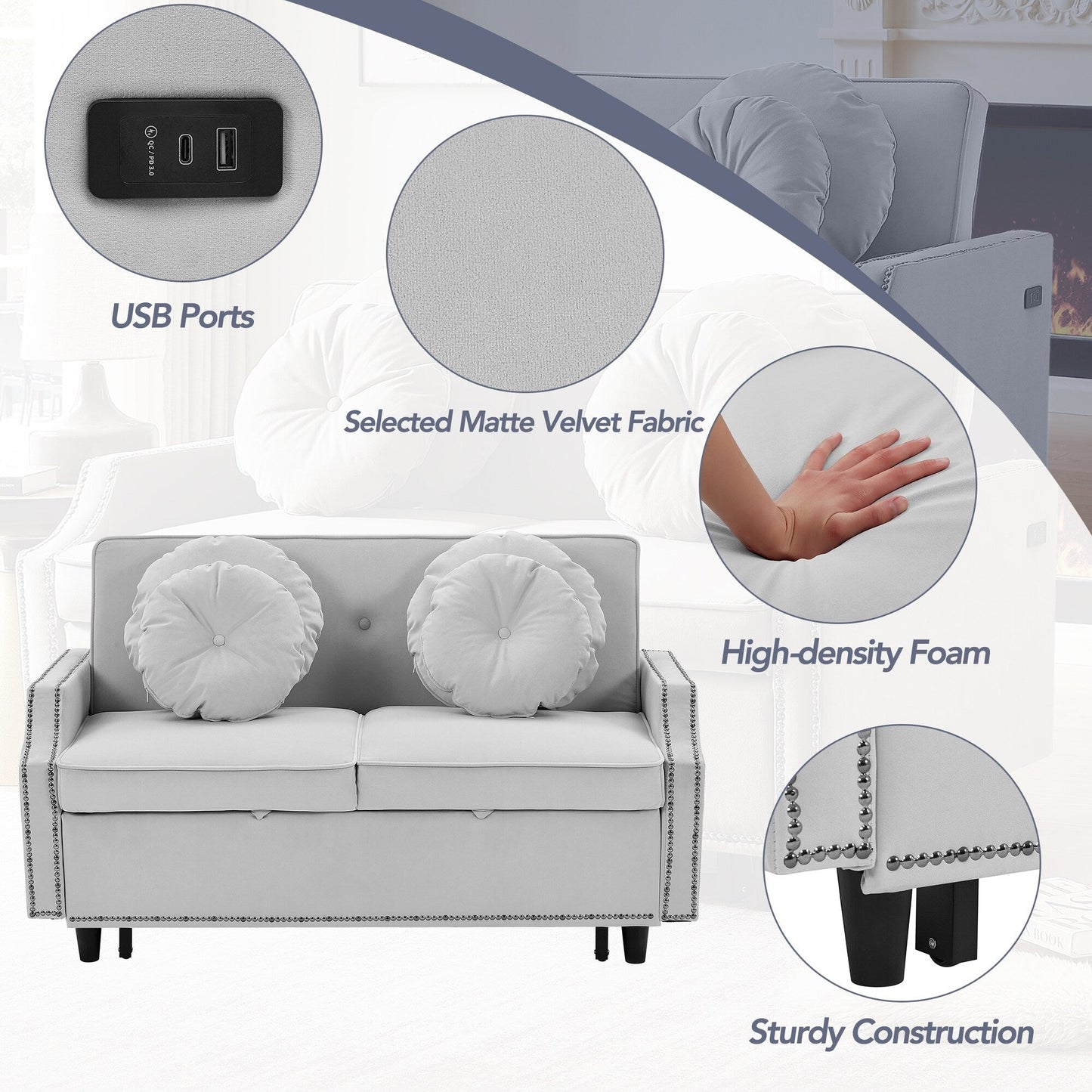 Canapé-lit réglable Roomfitters avec dossier capitonné, ports USB et coussins lombaires floraux, idéal pour le salon