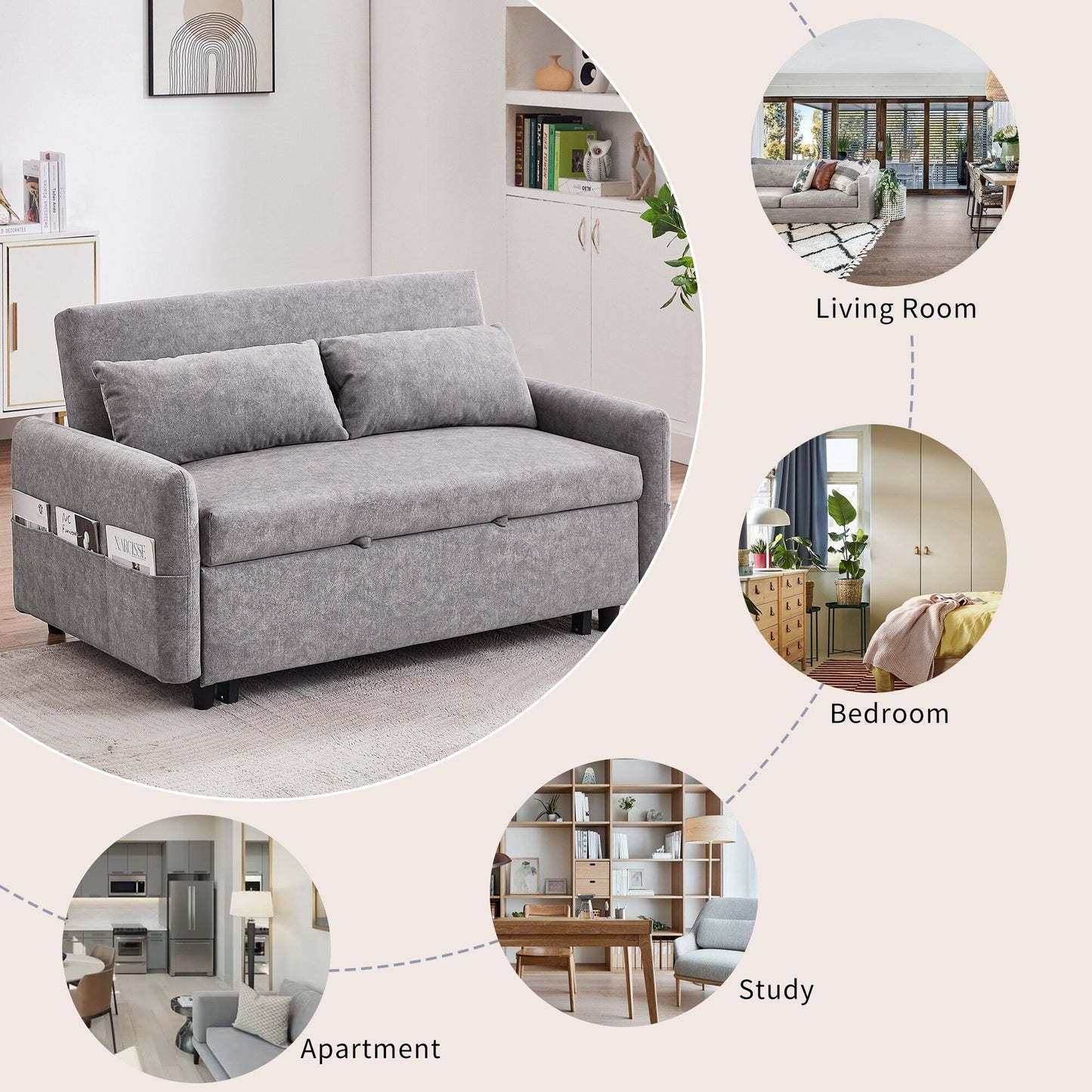 Canapé-lit gigogne Roomfitters avec dossier réglable, poches de rangement, ports USB et oreillers moelleux