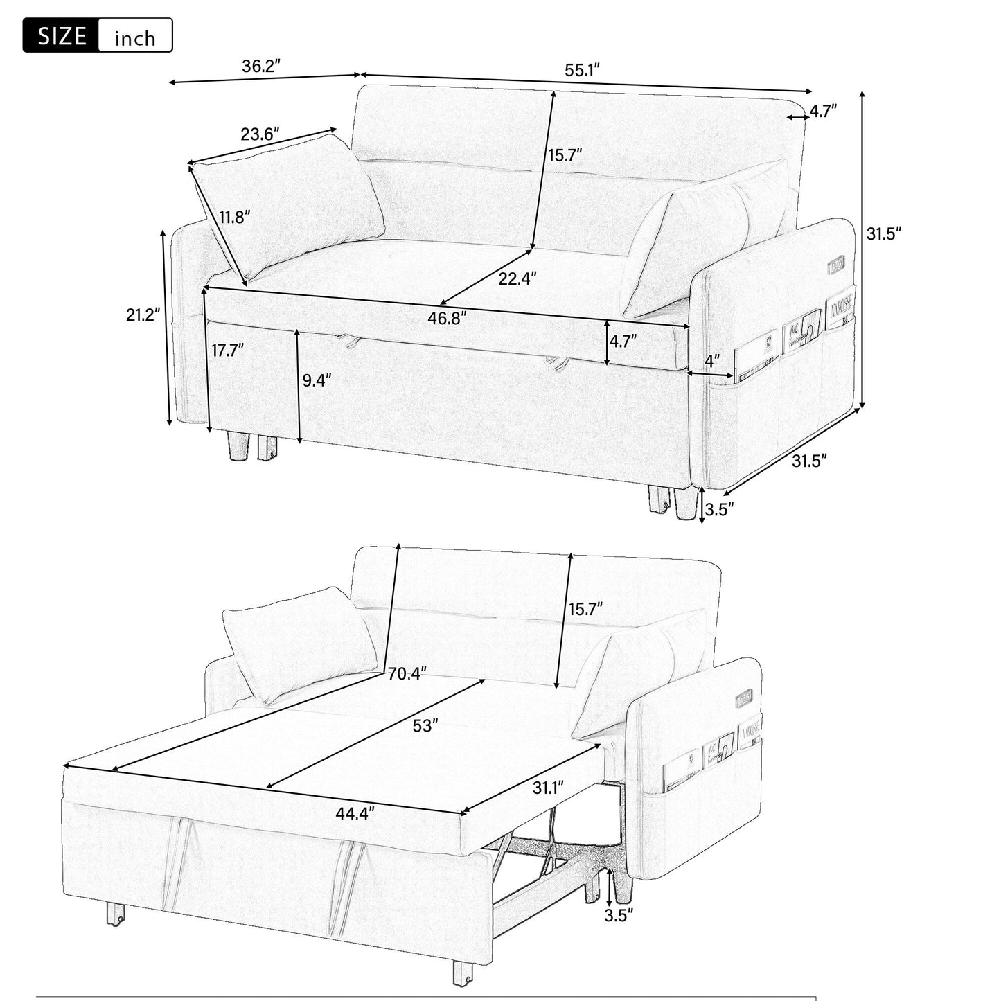 Canapé-lit gigogne Roomfitters avec dossier réglable, poches de rangement, ports USB et oreillers moelleux