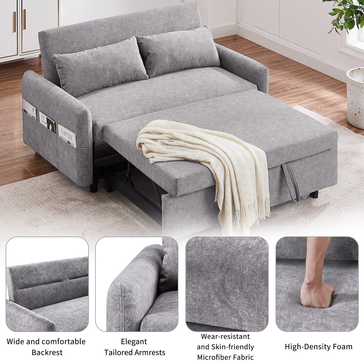 Canapé-lit gigogne Roomfitters avec dossier réglable, poches de rangement, ports USB et oreillers moelleux