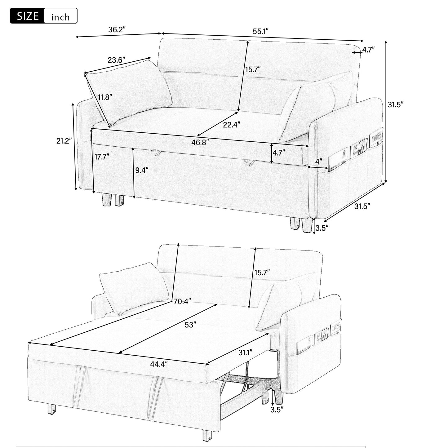 Canapé-lit gigogne Roomfitters avec dossier réglable, poches de rangement, ports USB et oreillers moelleux