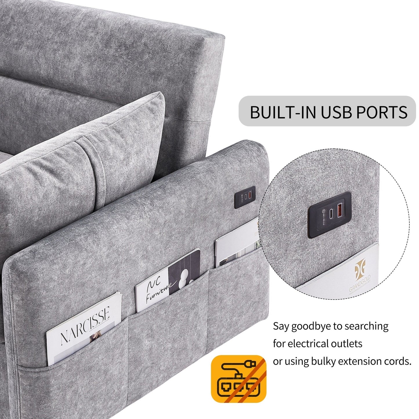 Canapé-lit gigogne Roomfitters avec dossier réglable, poches de rangement, ports USB et oreillers moelleux