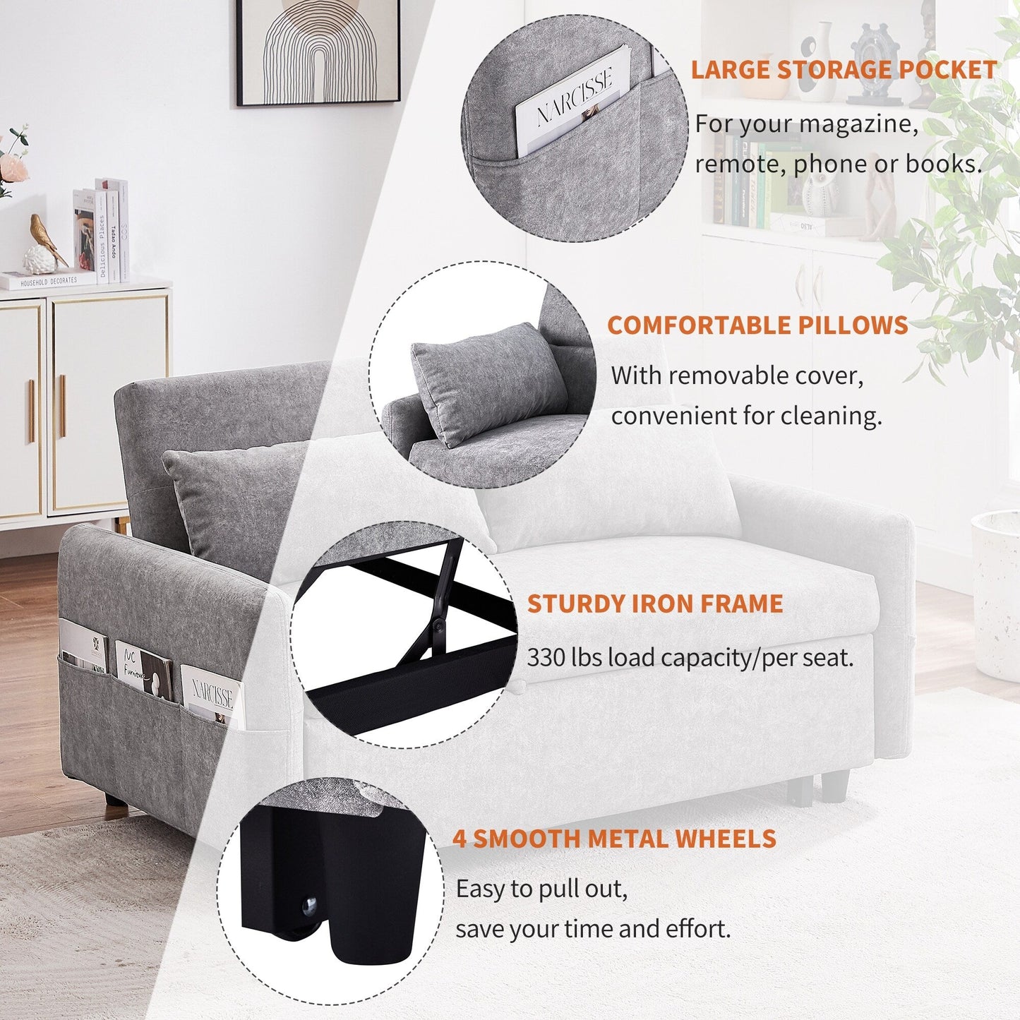 Canapé-lit gigogne Roomfitters avec dossier réglable, poches de rangement, ports USB et oreillers moelleux