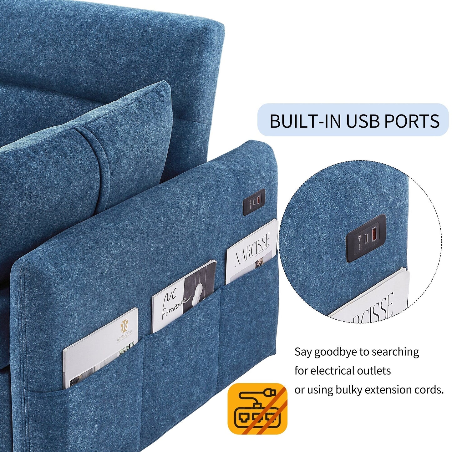 Canapé-lit gigogne Roomfitters avec dossier réglable, poches de rangement, ports USB et oreillers moelleux