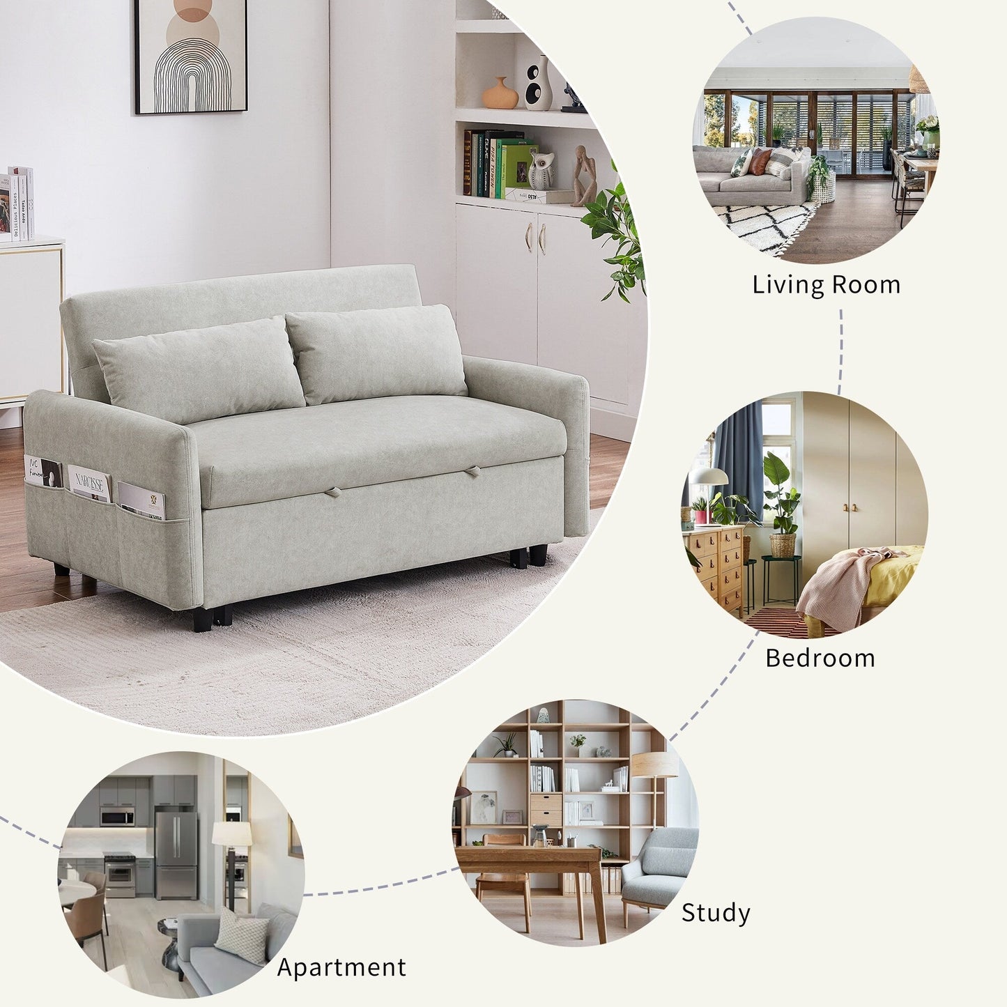Canapé-lit gigogne Roomfitters avec dossier réglable, poches de rangement, ports USB et oreillers moelleux