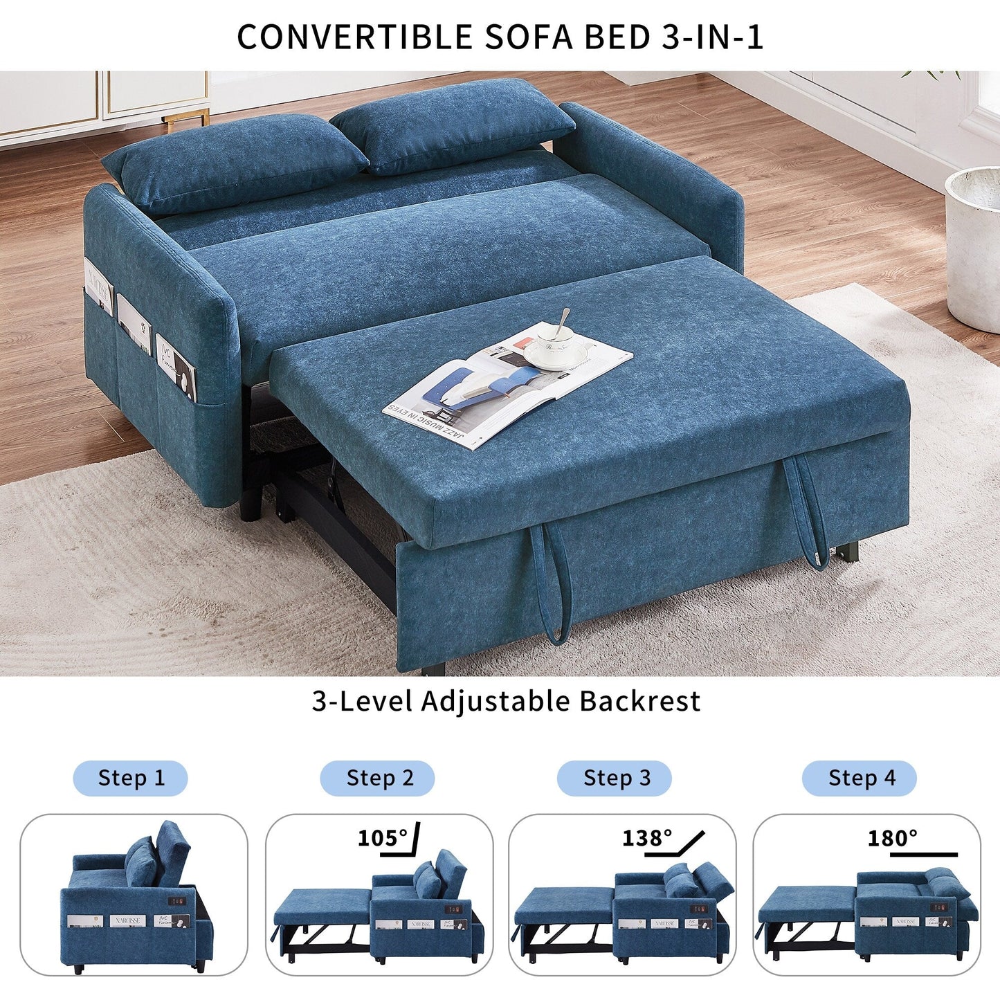 Canapé-lit gigogne Roomfitters avec dossier réglable, poches de rangement, ports USB et oreillers moelleux