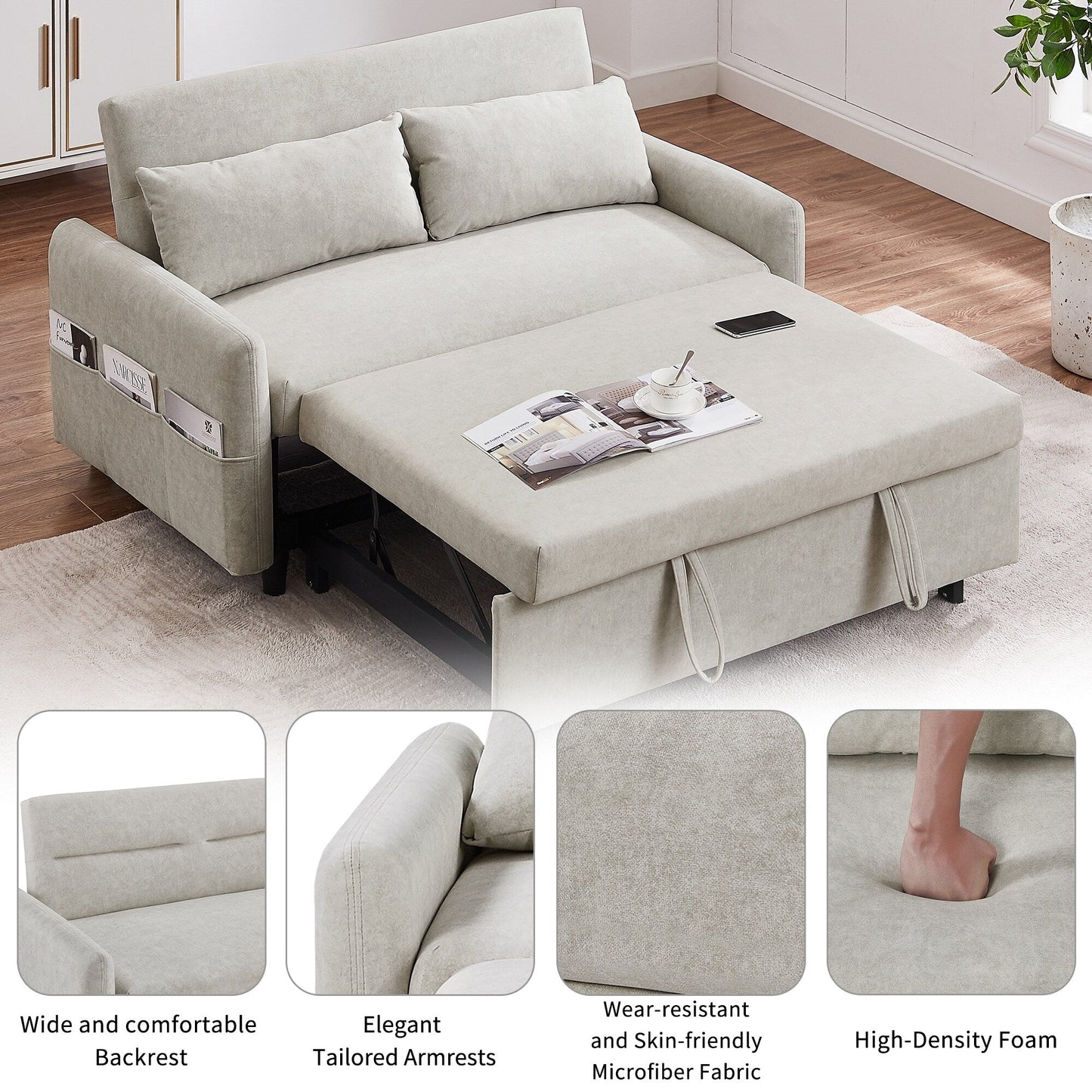 Canapé-lit gigogne Roomfitters avec dossier réglable, poches de rangement, ports USB et oreillers moelleux