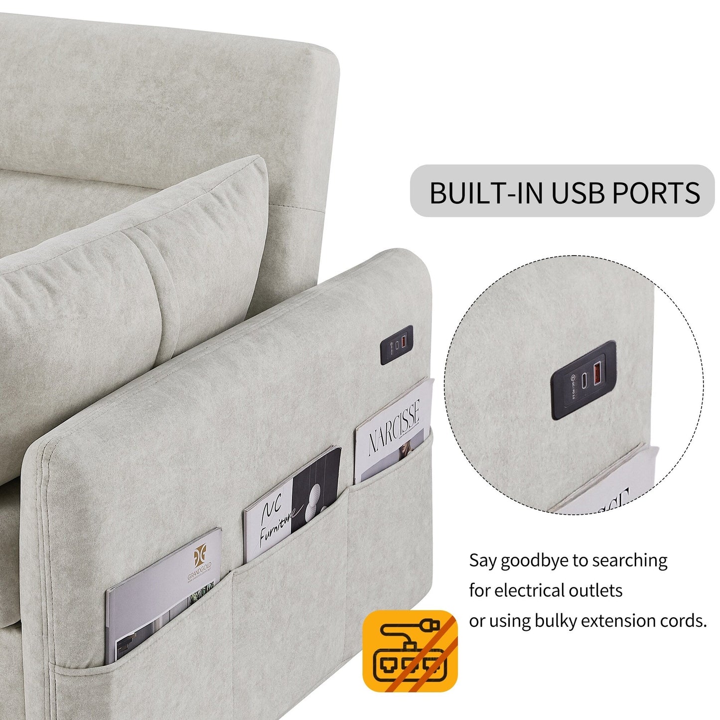 Canapé-lit gigogne Roomfitters avec dossier réglable, poches de rangement, ports USB et oreillers moelleux