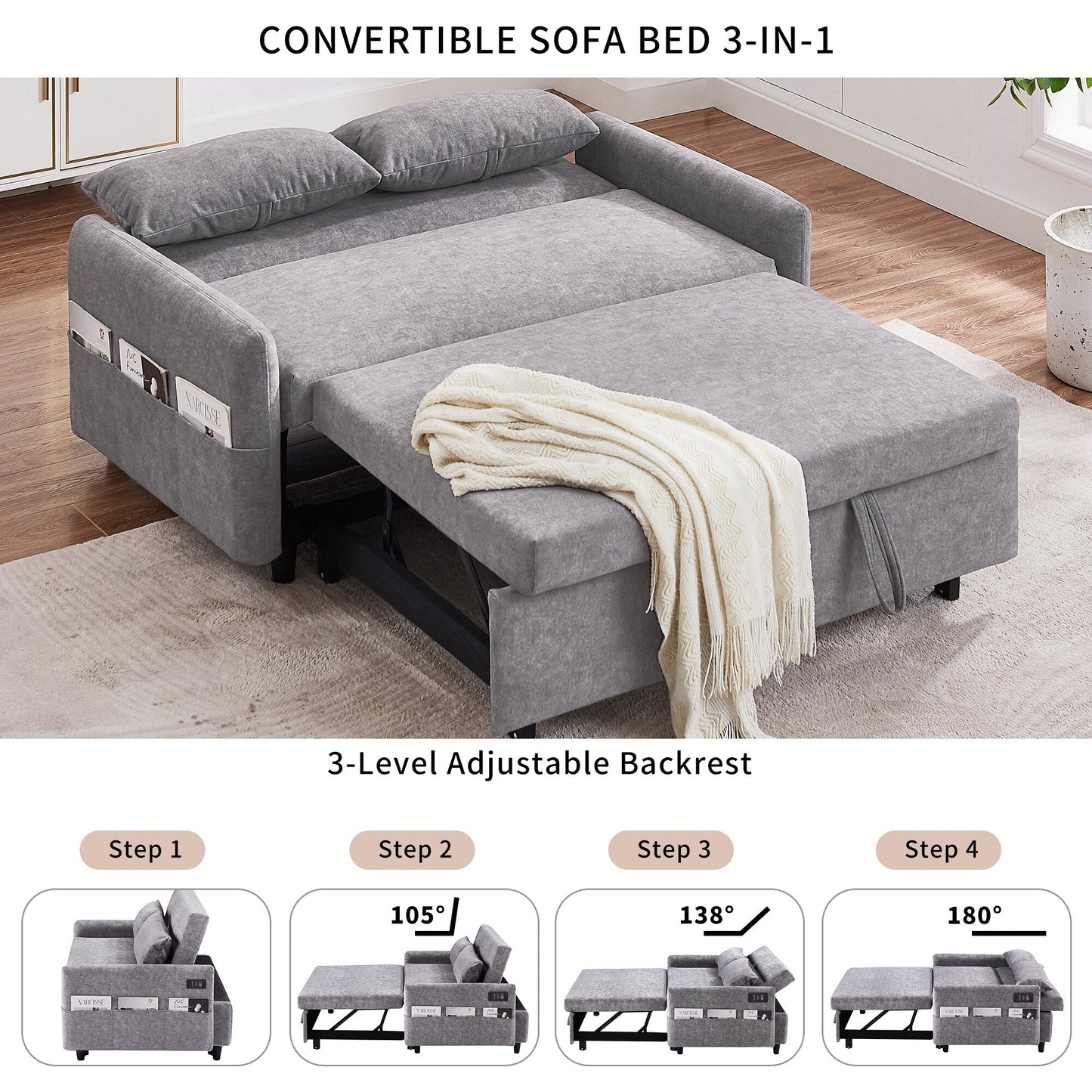 Canapé-lit gigogne Roomfitters avec dossier réglable, poches de rangement, ports USB et oreillers moelleux