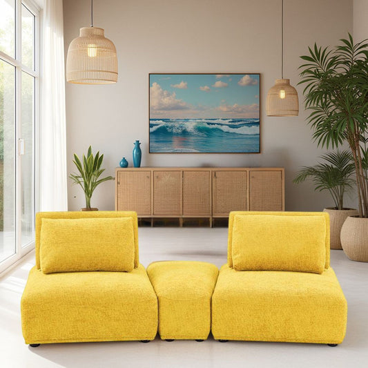 Canapé modulable incurvé 2 places Stavan, chenille jaune, dossier réglable